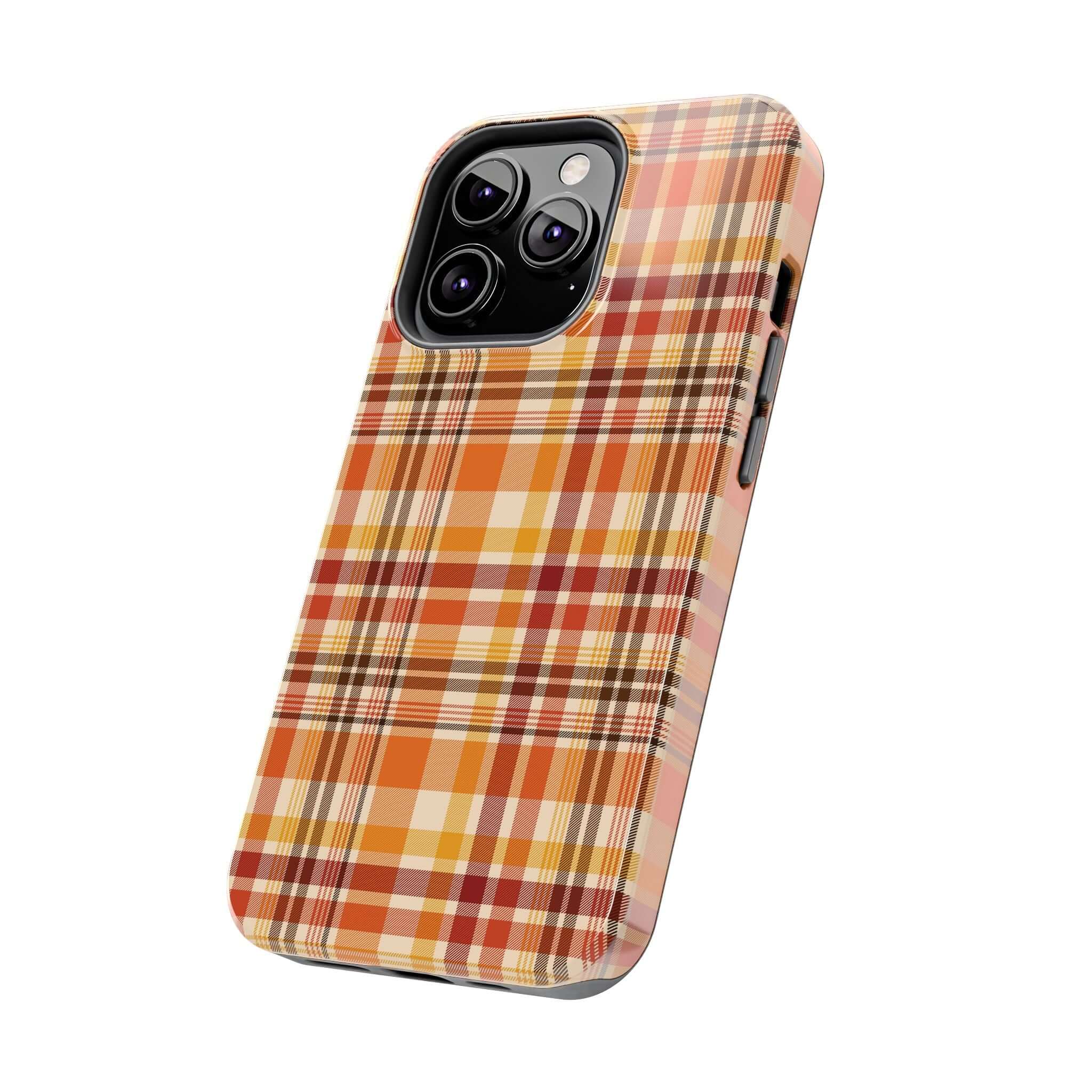 Autumn Air Fall Plaid case for iPhone featuring a cute plaid design in orange and brown hues, perfect for Halloween and fall season protection