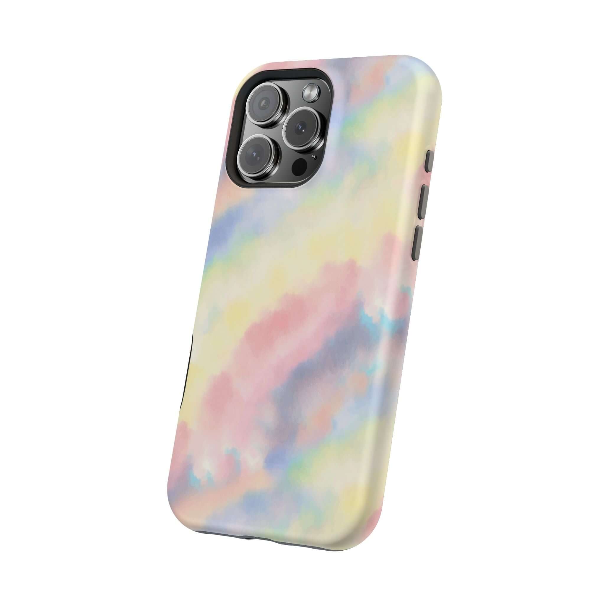 Cute pastel tie dye iPhone case, Unicorn Dreams design with MagSafe, custom phone case for vibrant and playful tech style.