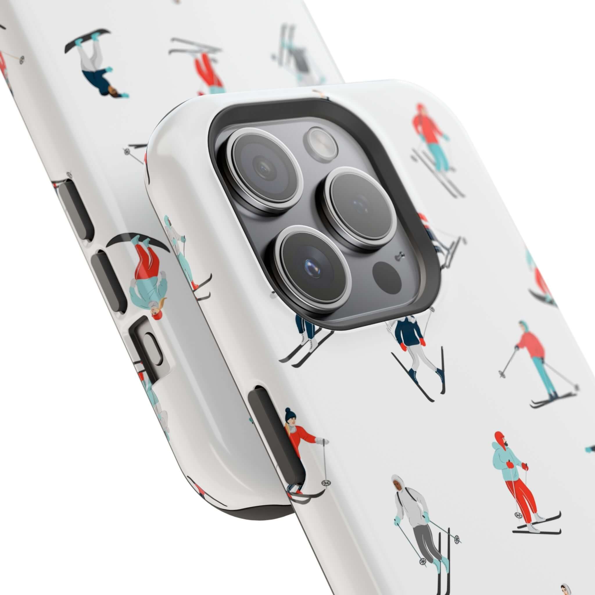 Cute phone case with skiing design, perfect for winter sports enthusiasts and MagSafe compatible.