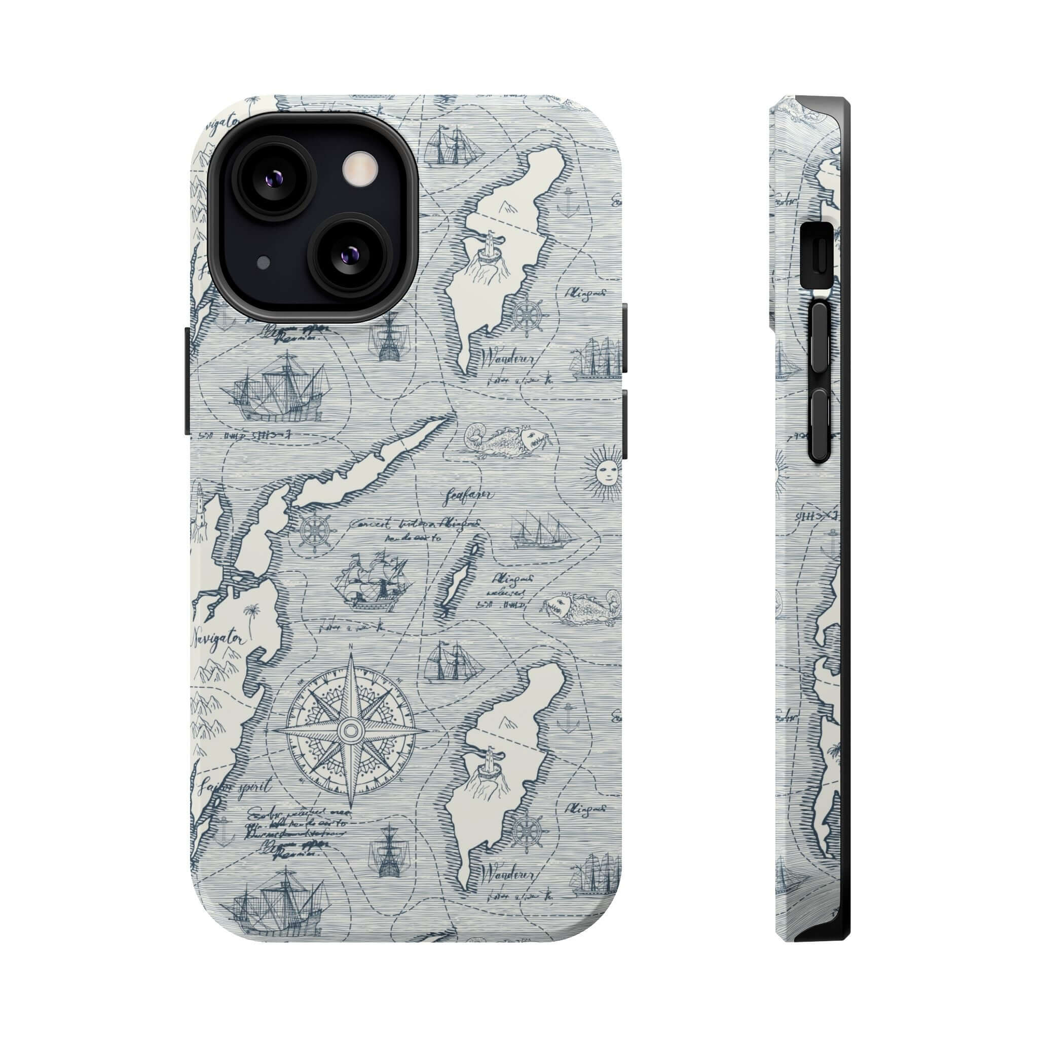 iPhone 14 Pro Max Pirates Passageway phone case with nautical map pattern and MagSafe technology, teal protective phone case.