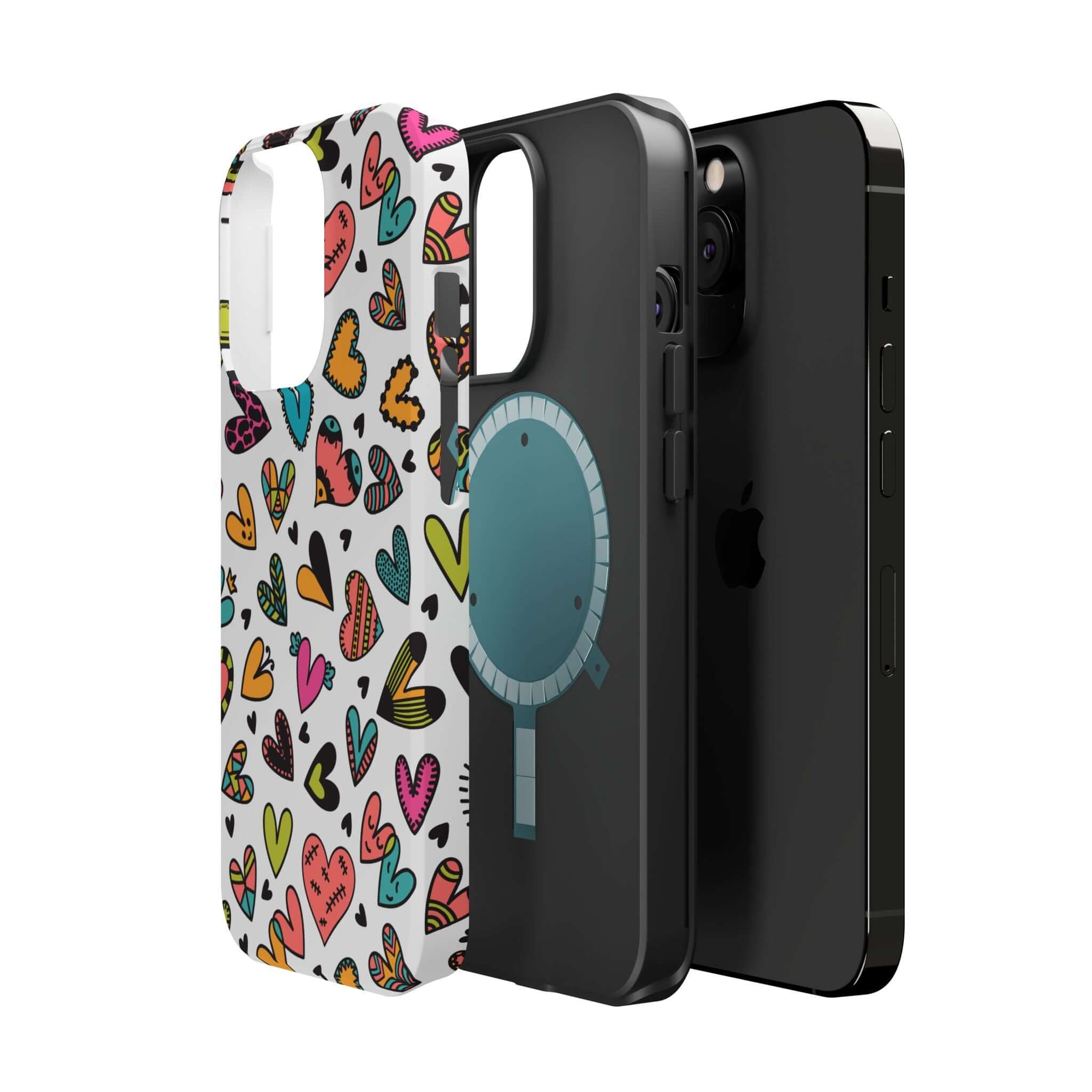 Colorful Kaleidoscope of Hearts iPhone case with cute heart designs, offering stylish protection and free shipping.