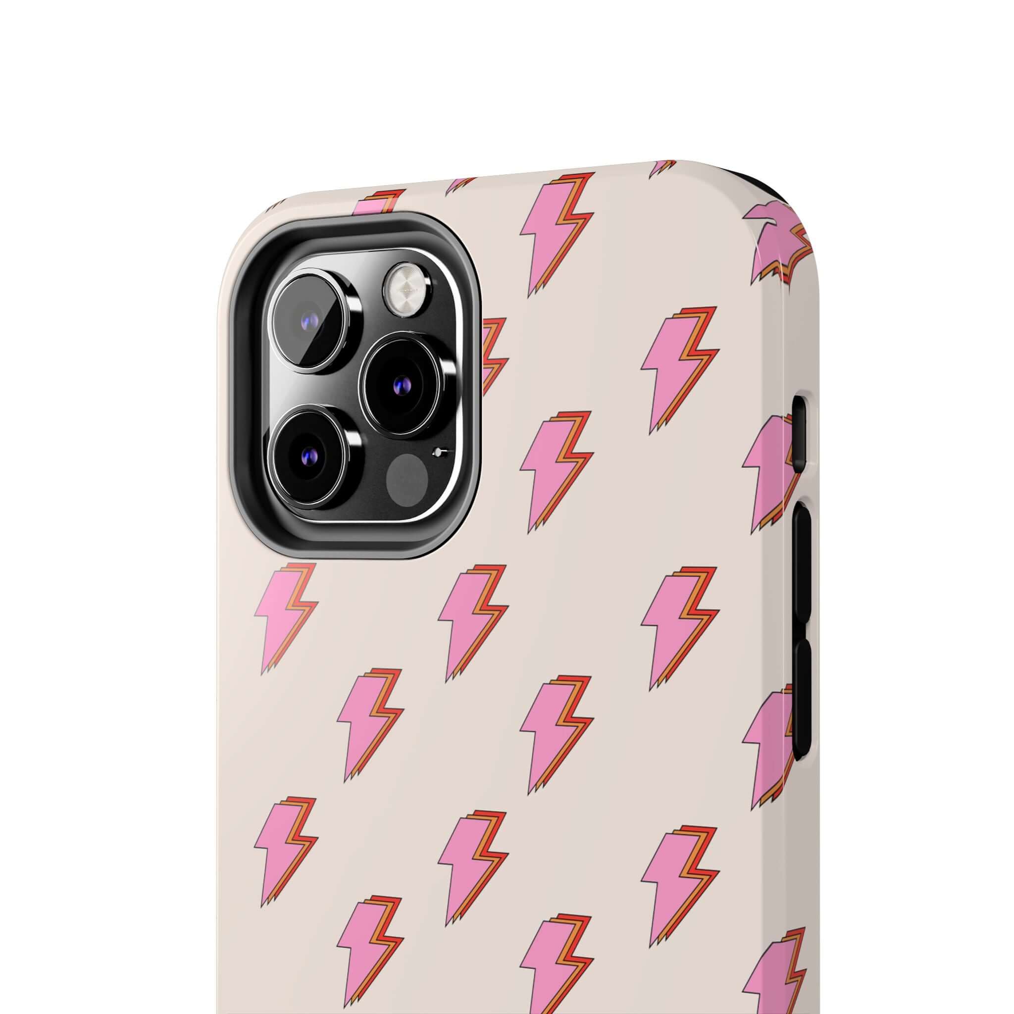 Pink lightning bolt design cute iPhone case for iPhone 14 and iPhone 15, retro-inspired phone case, Electric Vibes Lightning Bolt Case