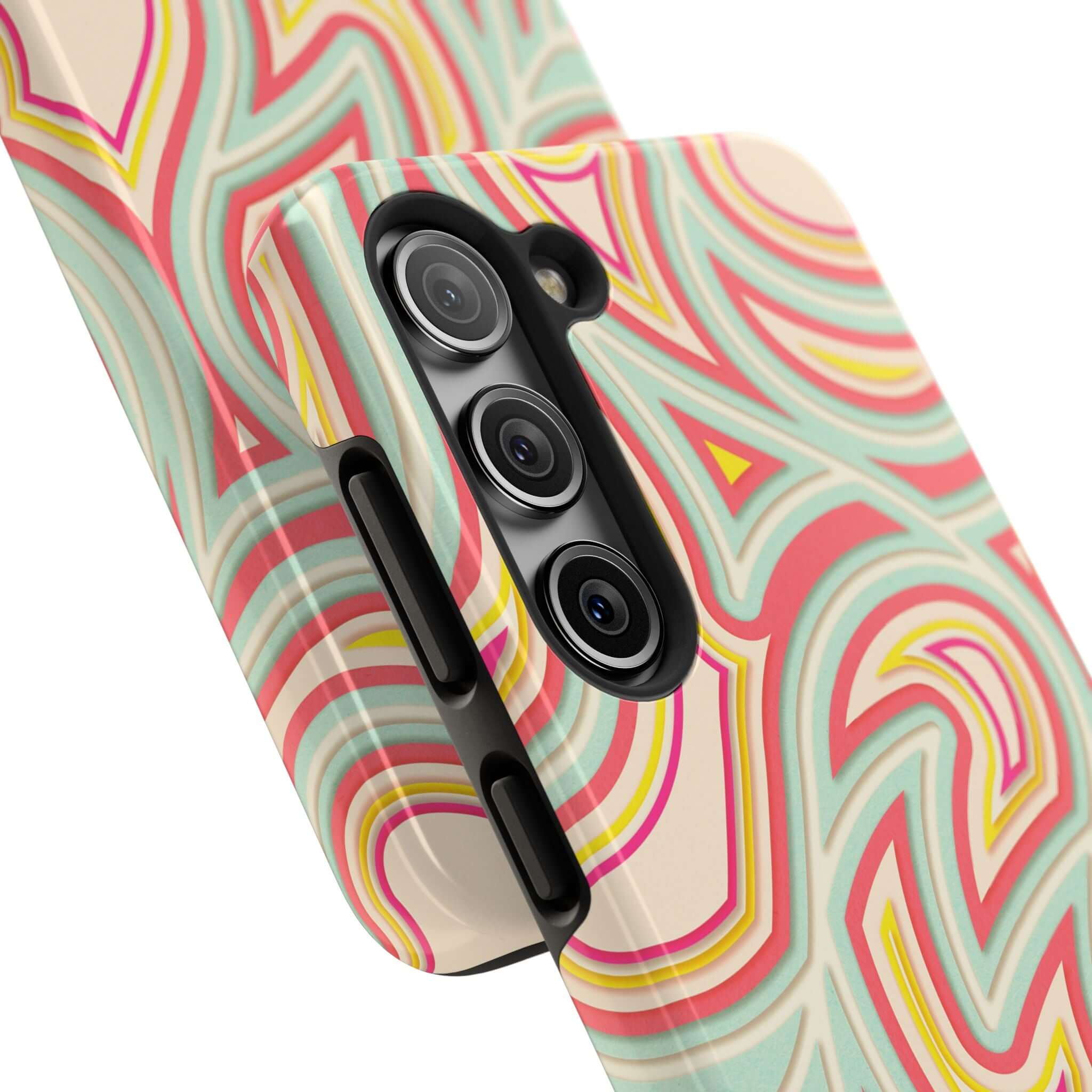 Retro abstract phone case with colorful groovy waves design, suitable for iPhone and Samsung phones, featuring a cute and playful pattern.