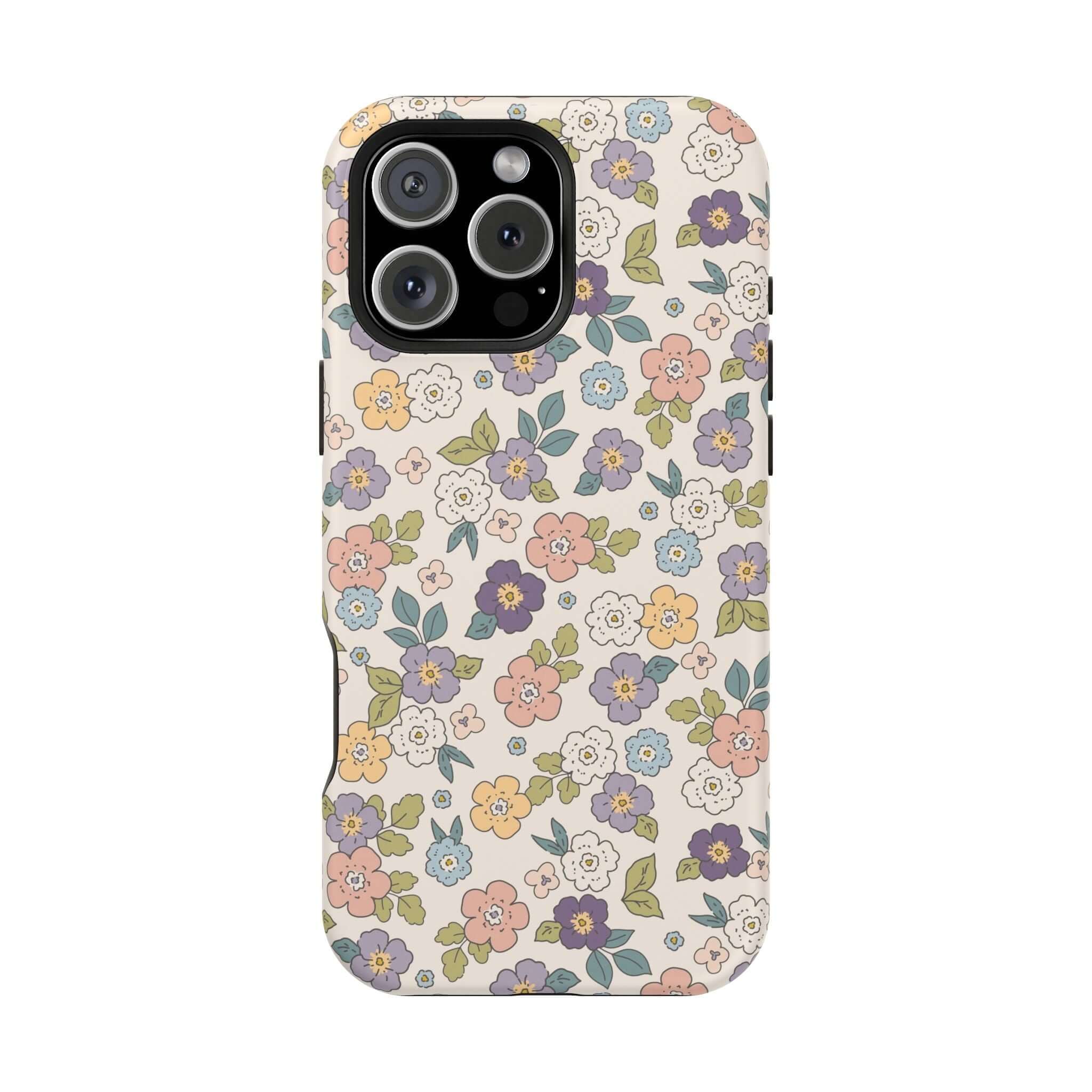 Colorful floral iPhone case with a ditsy daisy pattern, perfect for stylish phone users and beachy vibes.