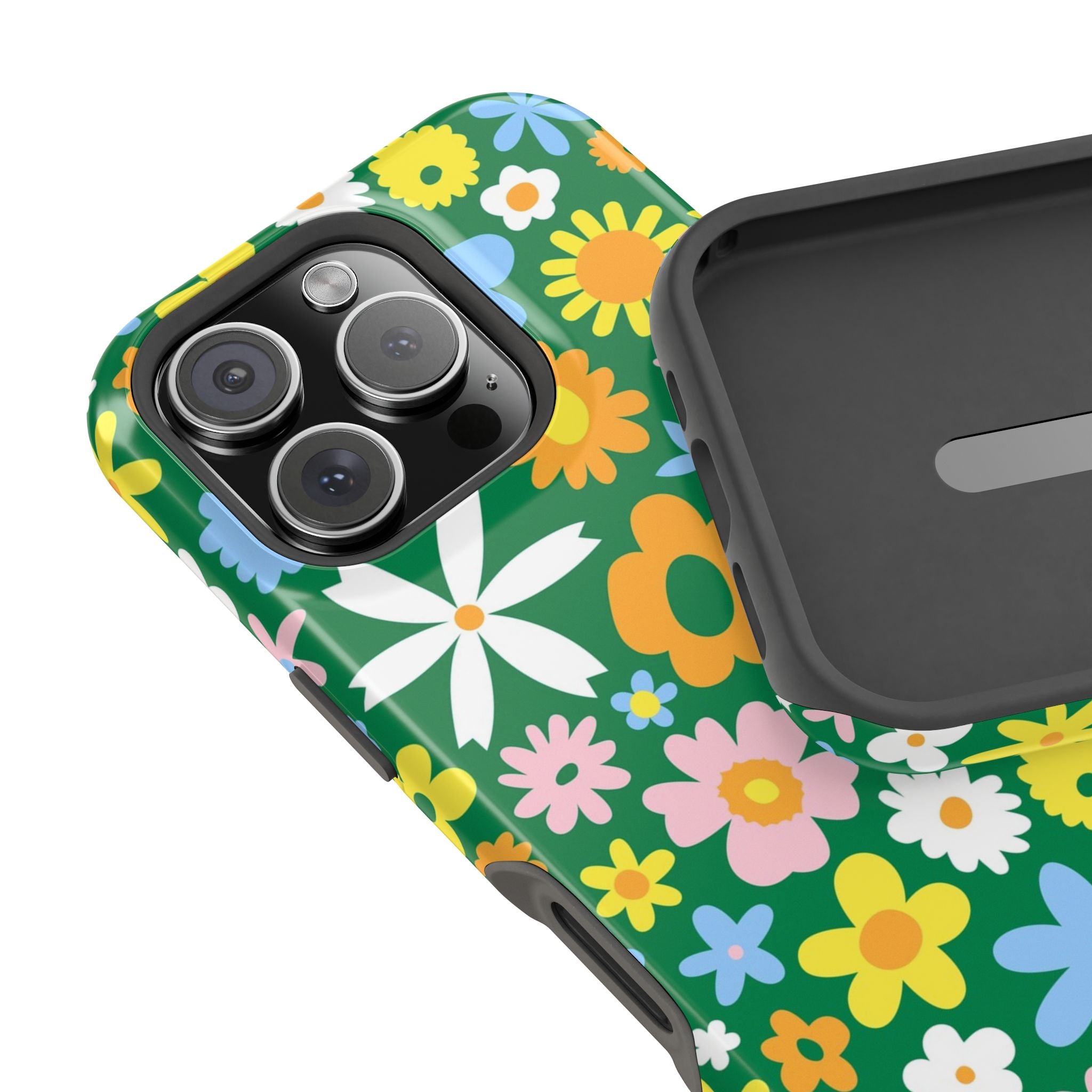 Vibrant floral MagSafe iPhone case with hippie design and colorful flowers on green background, perfect cute phone cover.