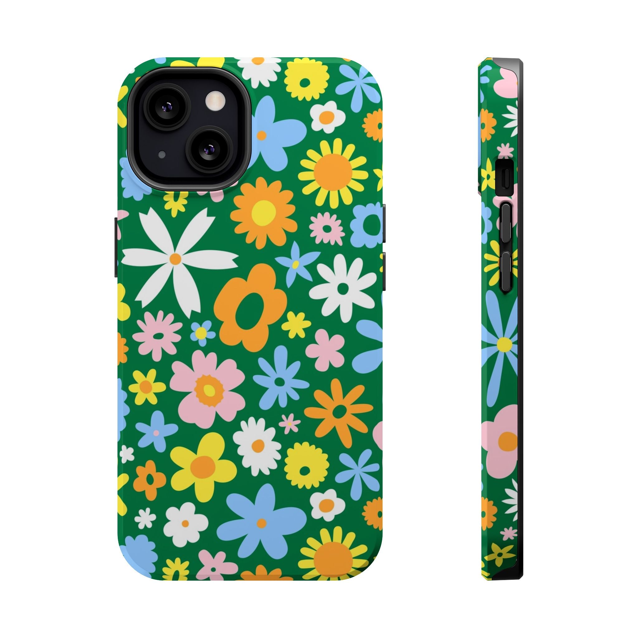 Vibrant hippie floral MagSafe iPhone case with colorful flowers on a green background, perfect cute phone cover for stylish protection.