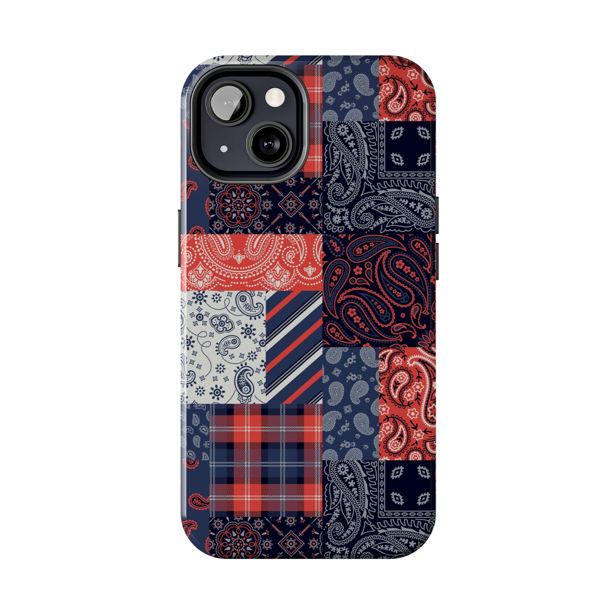 Cute bandana patchwork iPhone 14 Pro case with a playful, bookish design perfect for fashion-forward men looking to stand out.