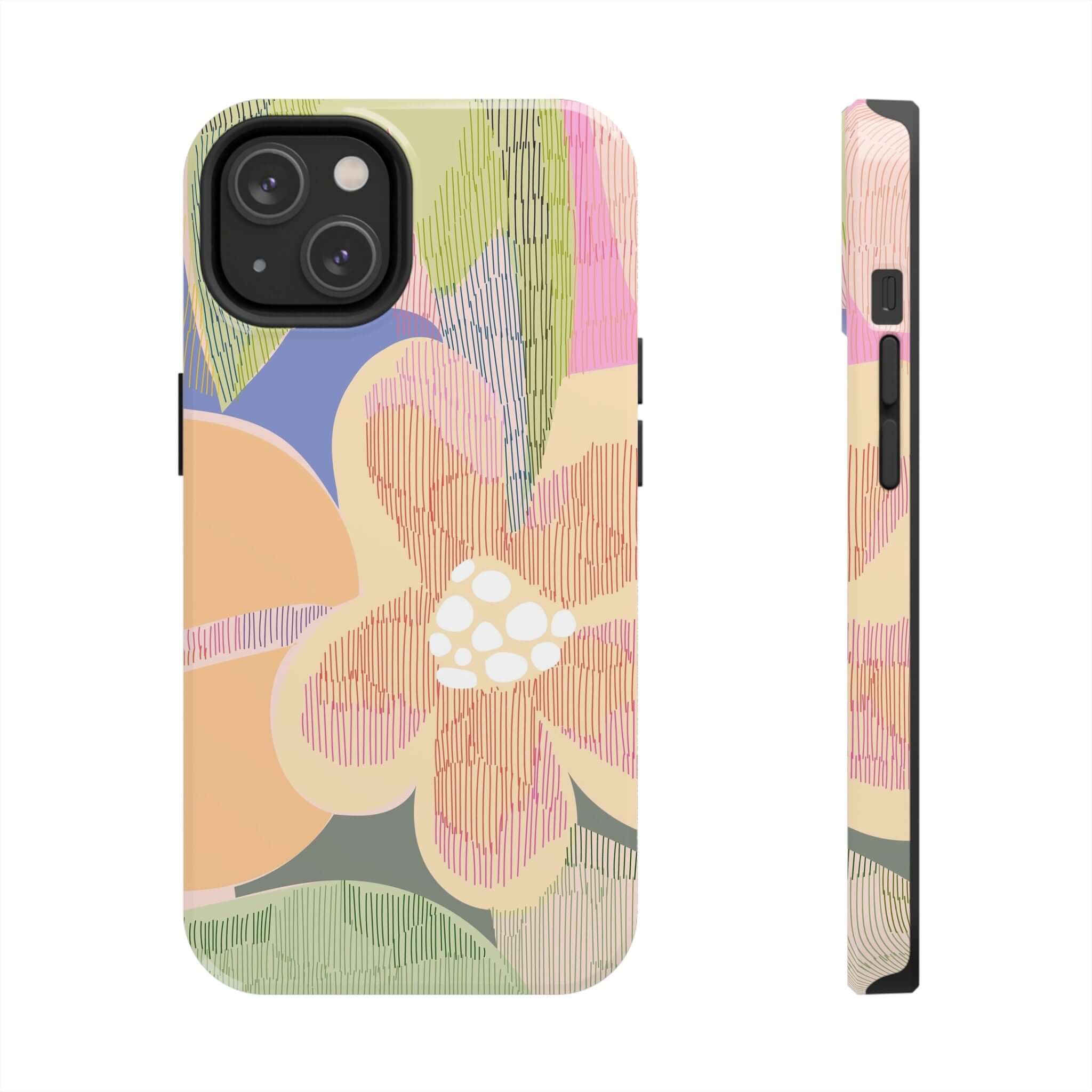 Colorful iPhone case with abstract floral design, featuring palm trees and vibrant aesthetic, cute and protective phone accessory for iPhone 14 Pro Max and Samsung S23.