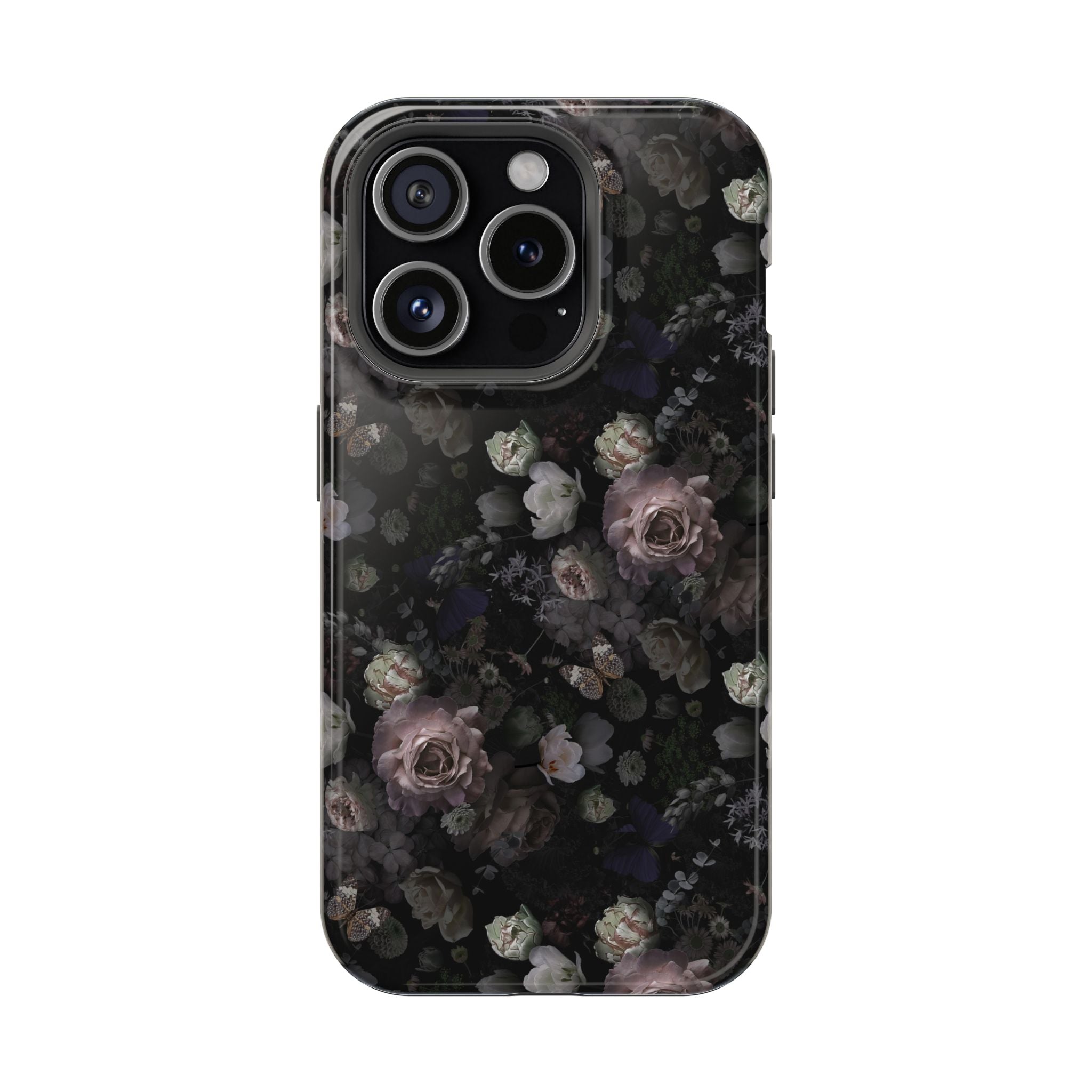 Midnight Curse Black Floral MagSafe iPhone Case, cute phone cover with dark roses, stylish floral iPhone case for protection.