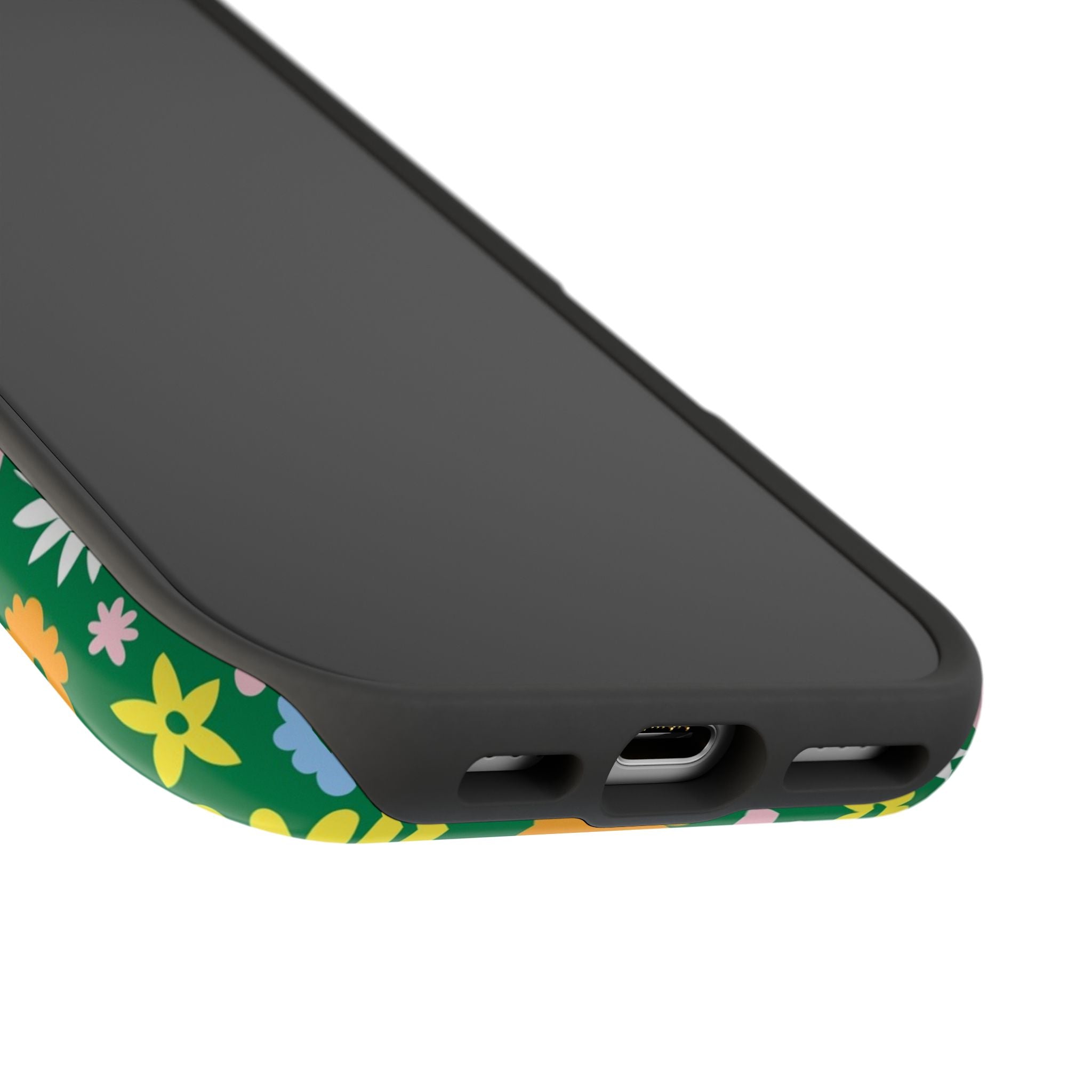 Cute MagSafe floral iPhone case with colorful hippie design and green accents, perfect protective phone cover.