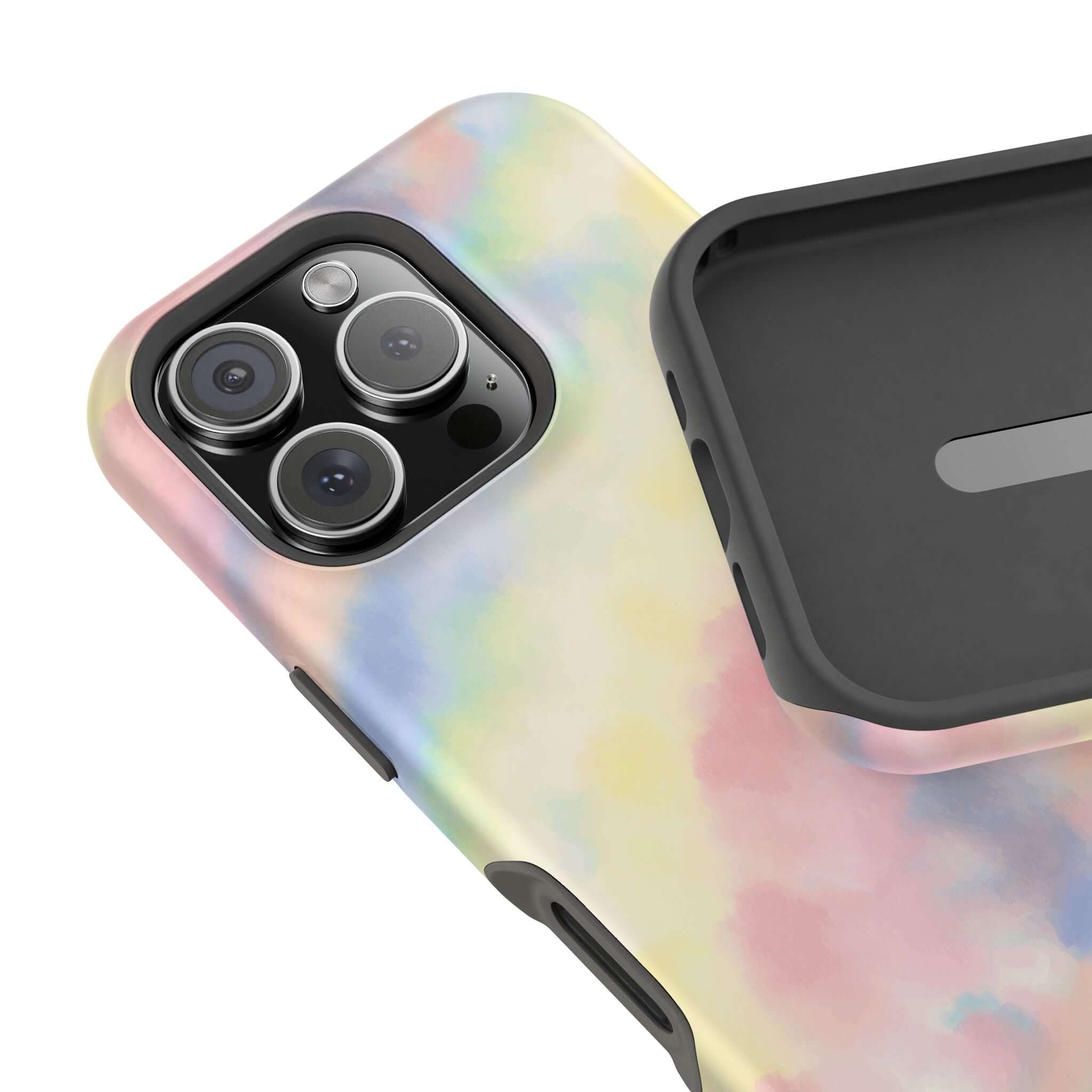 Cute iPhone case in pastel tie dye design with MagSafe compatibility, showcasing unique phone case design.