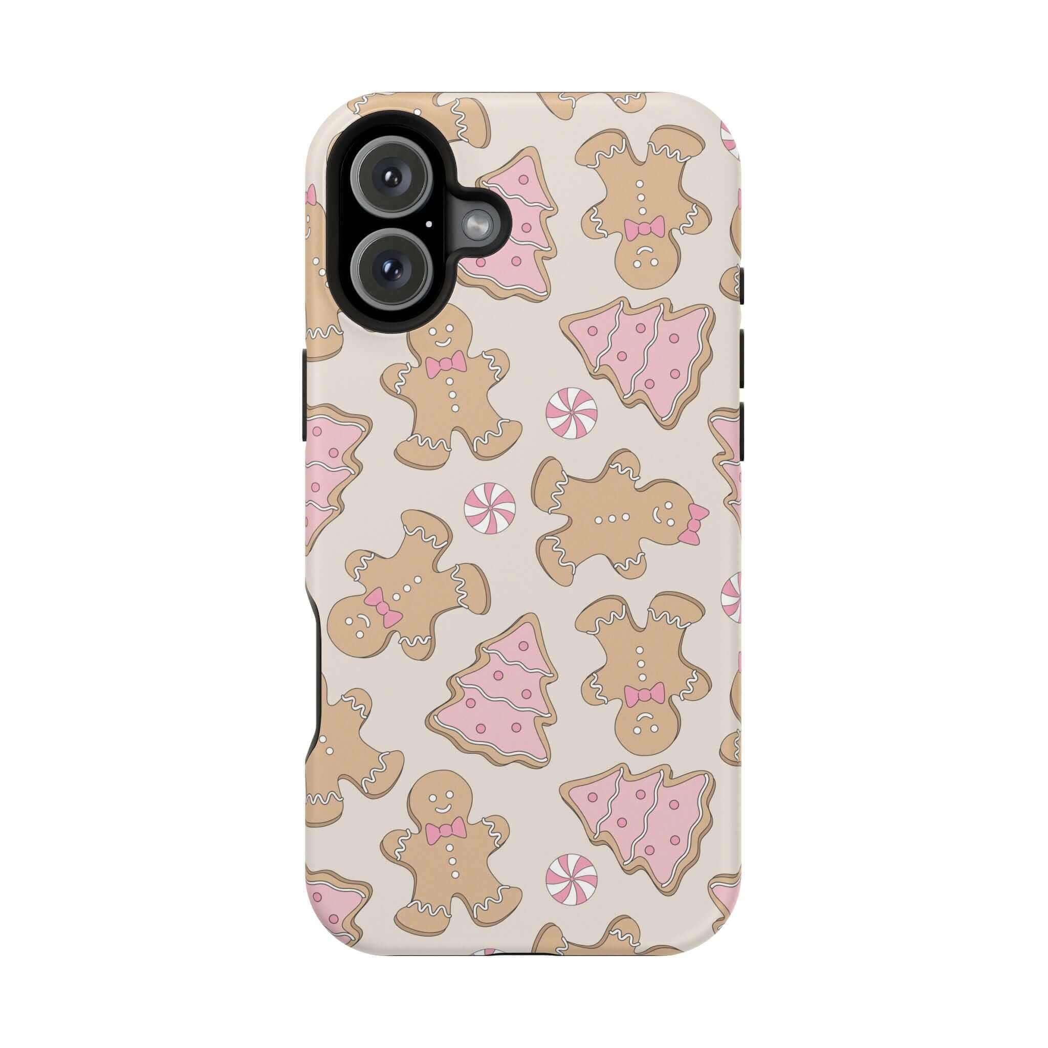 Festive Christmas phone case with cute gingerbread design, featuring MagSafe technology for secure holiday attachment.