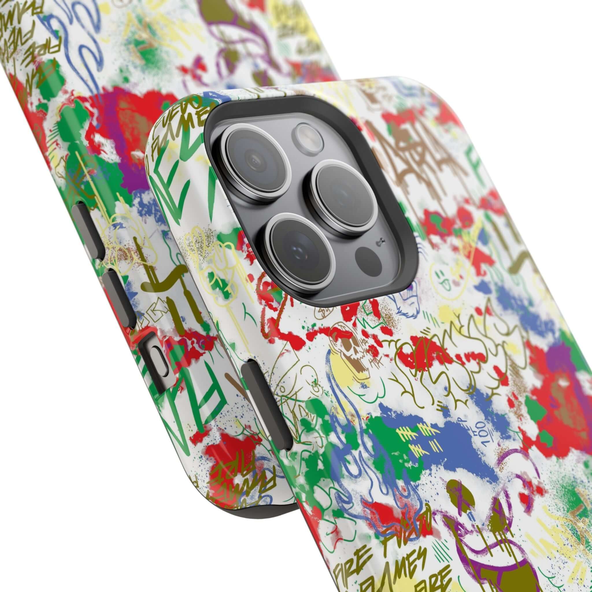 Colorful graffiti phone case for iPhone featuring MagSafe, perfect cute phone cover for art lovers.