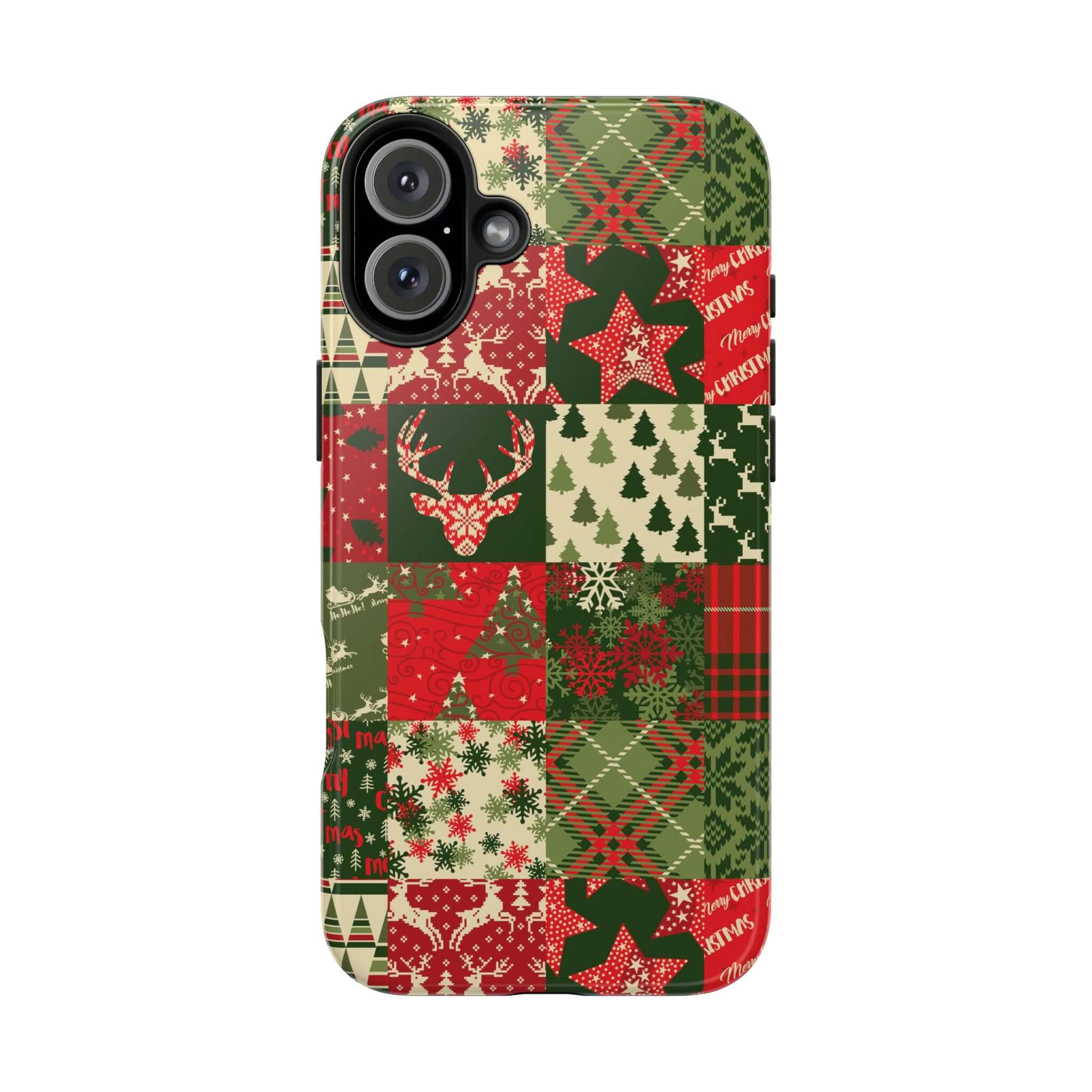 Cute iPhone case with festive green holiday quilt design featuring Christmas trees, reindeer, and snowflakes from Cozy Quiltmas.