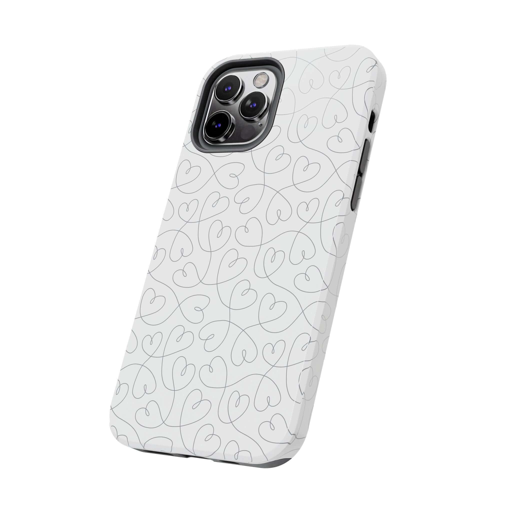 Silver Hearts Romance phone case for iPhone 14 Pro Max featuring abstract heart design on a silver background, ideal for brides and weddings.