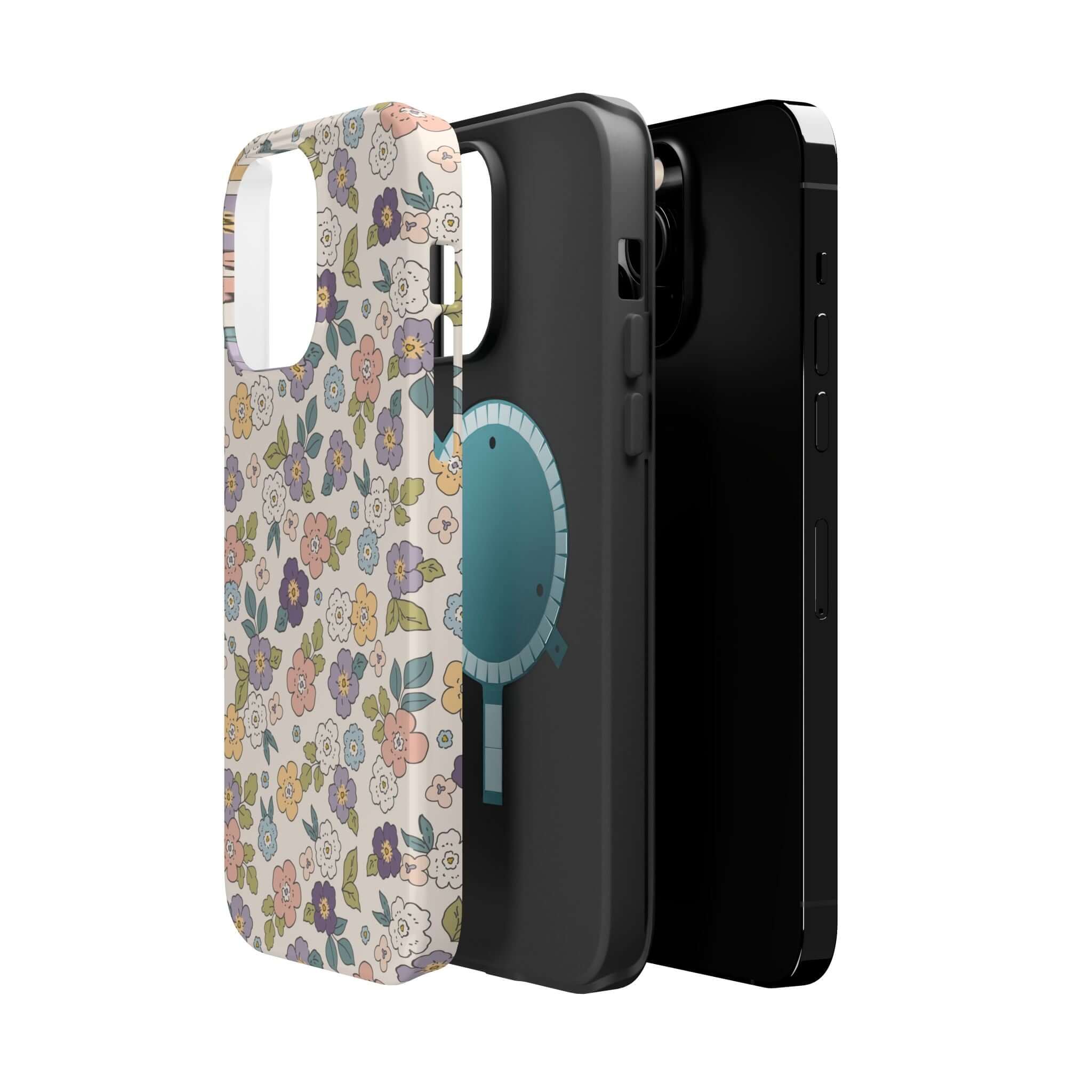 Colorful Ditsy Daisies iPhone case alongside two black phone cases, perfect for stylish protection.