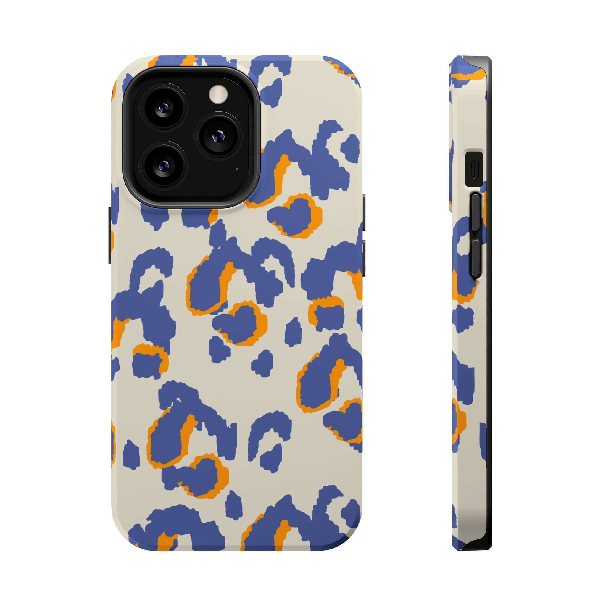 Blue leopard print MagSafe case for iPhone with colorful abstract design, offering cute and stylish protection.