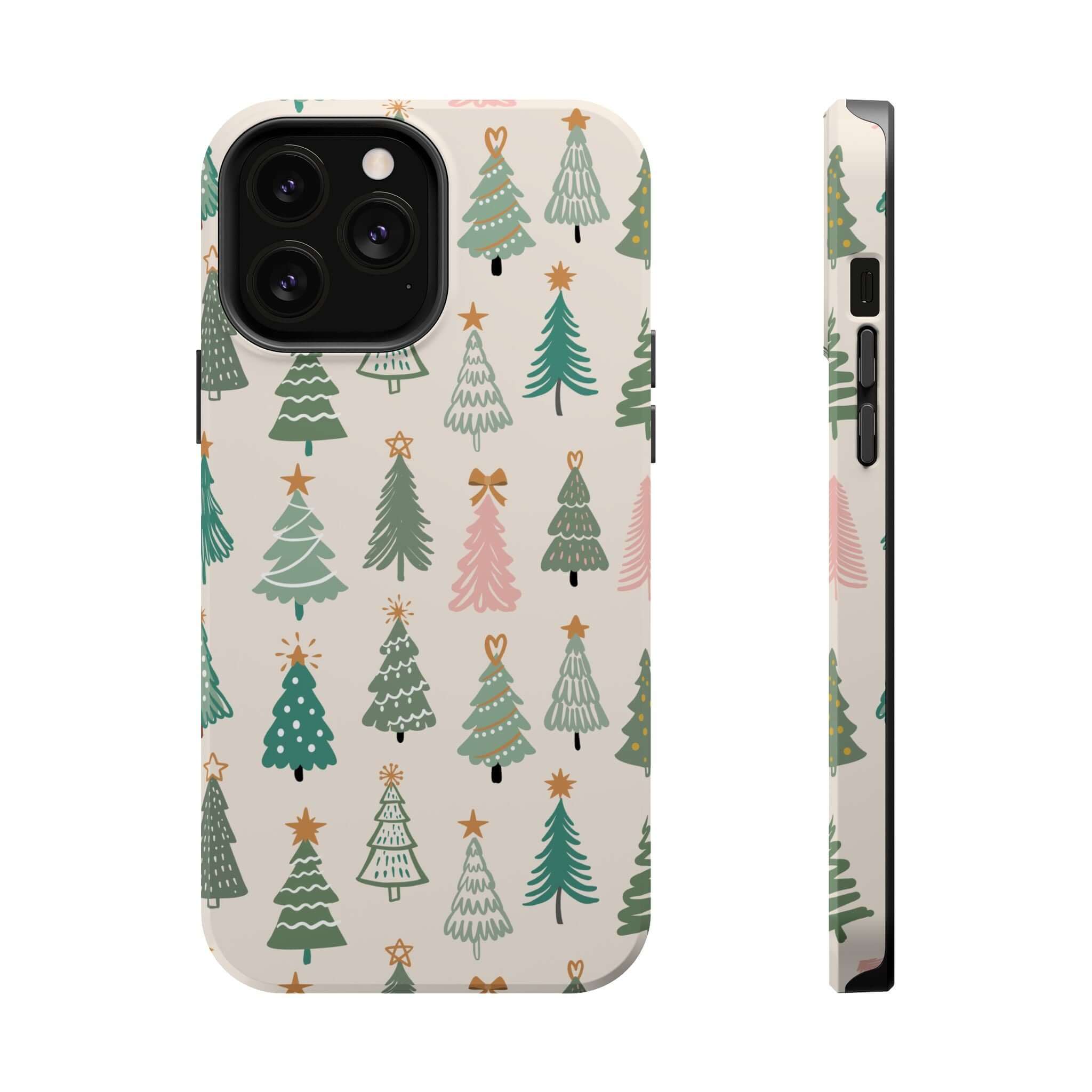 Festive O Christmas Tree MagSafe Case with colorful tree design, perfect holiday case for iPhone. Cute Xmas phone cover.