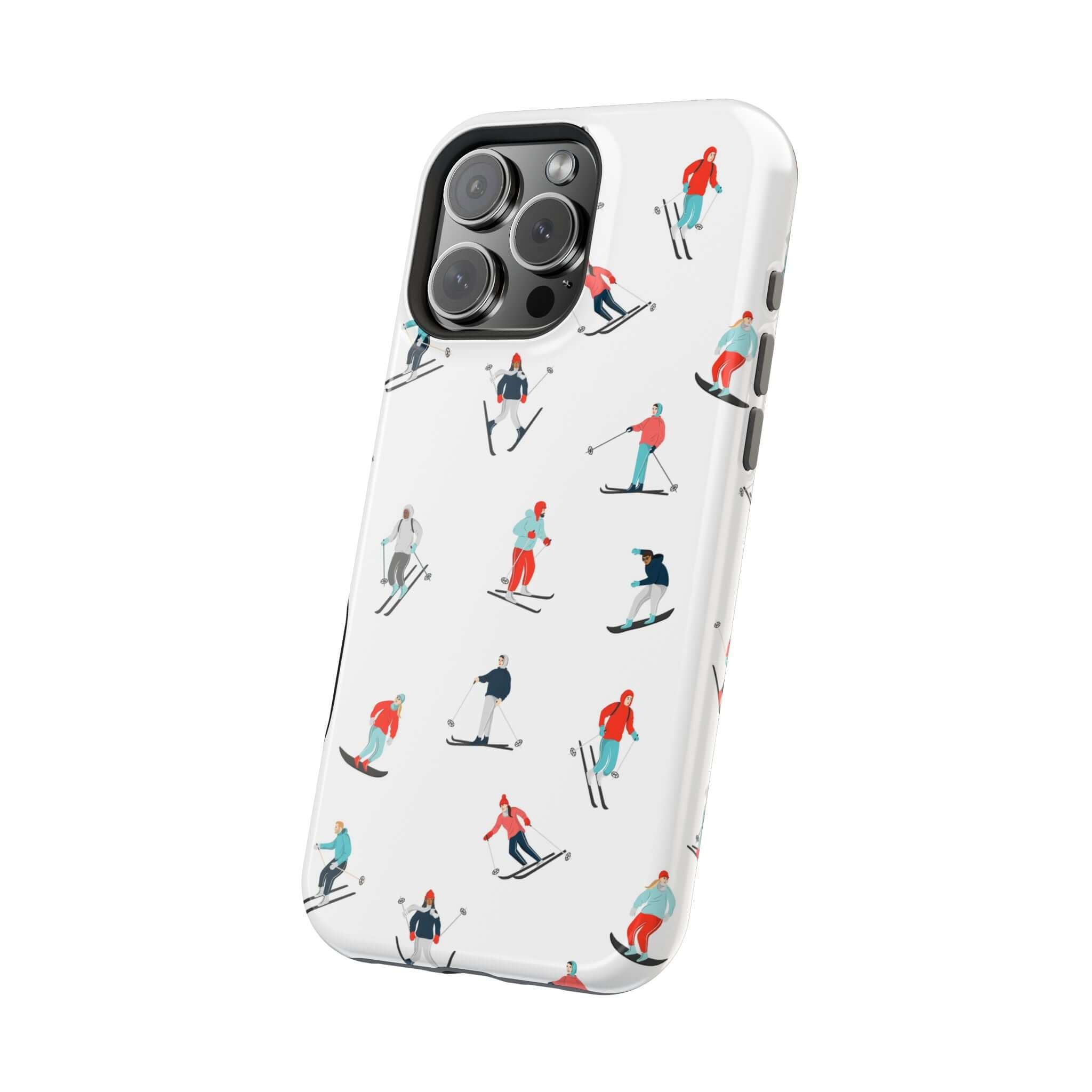 Cute phone cover featuring colorful ski designs, perfect for winter sports enthusiasts and iPhone protection.