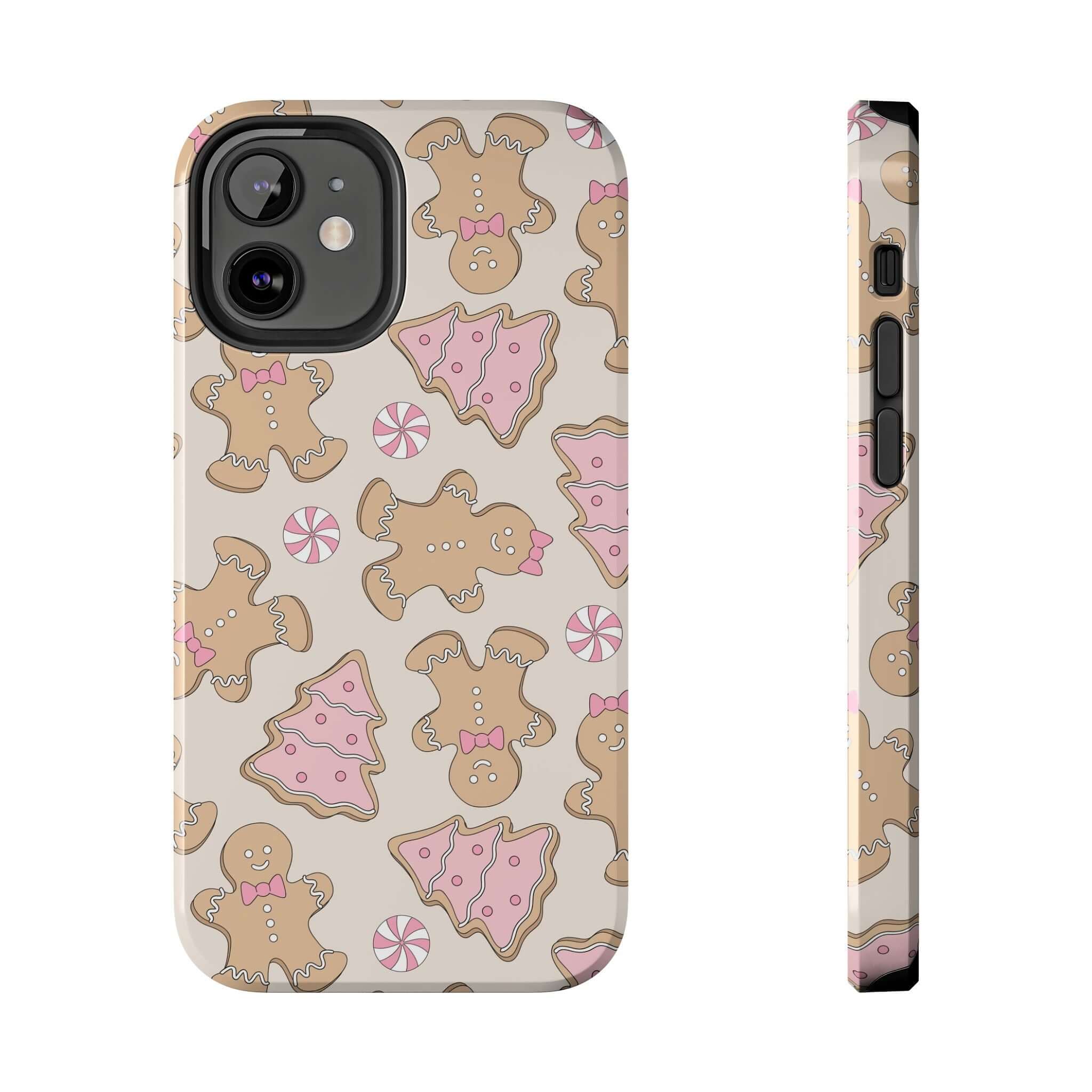 Cute gingerbread holiday cookie iPhone case with colorful Christmas pattern, perfect festive phone cover.