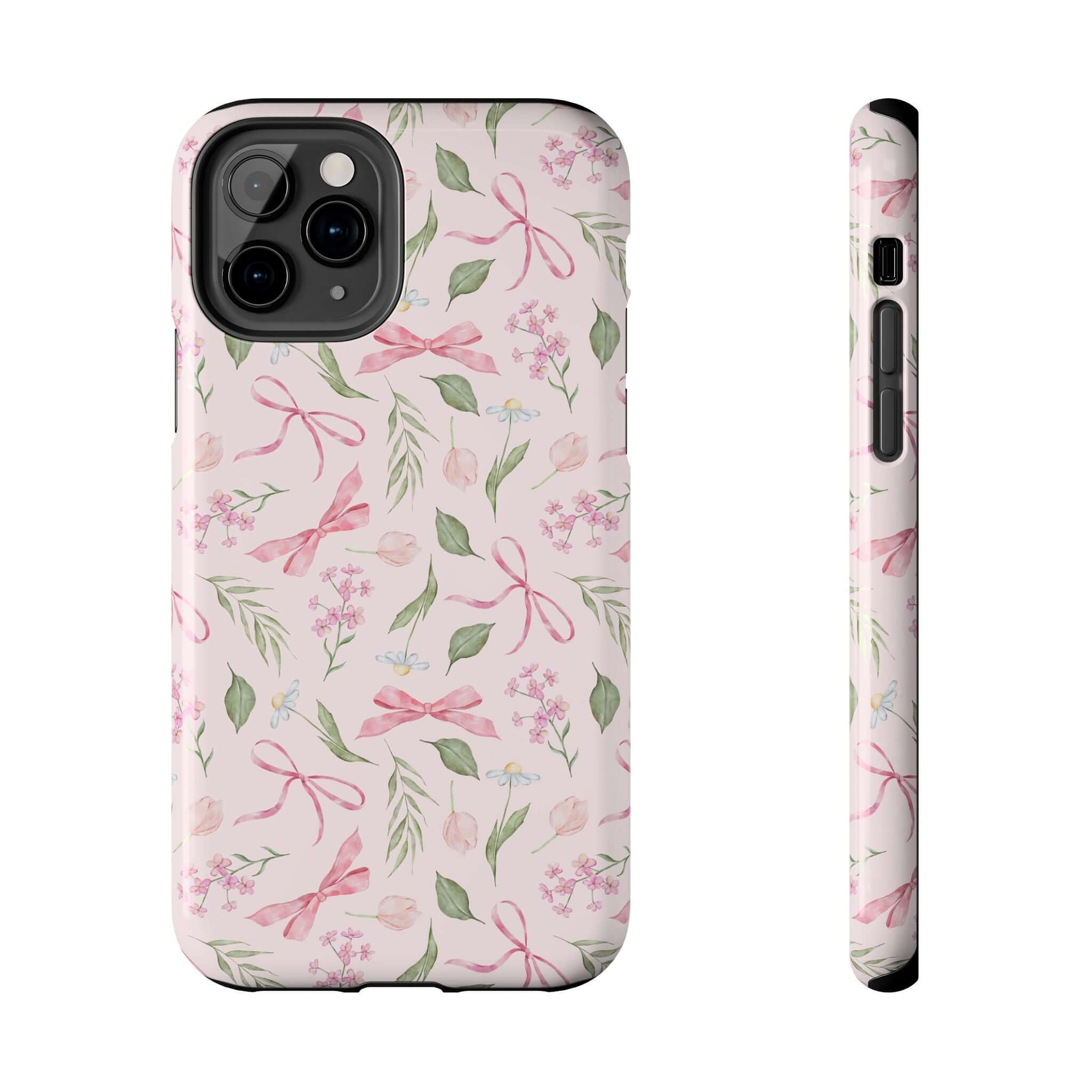 Coquette Bow Case cute iPhone case for iPhone 14 and iPhone 15 with pink bows and green leaves - Girlie Twirls phone case.