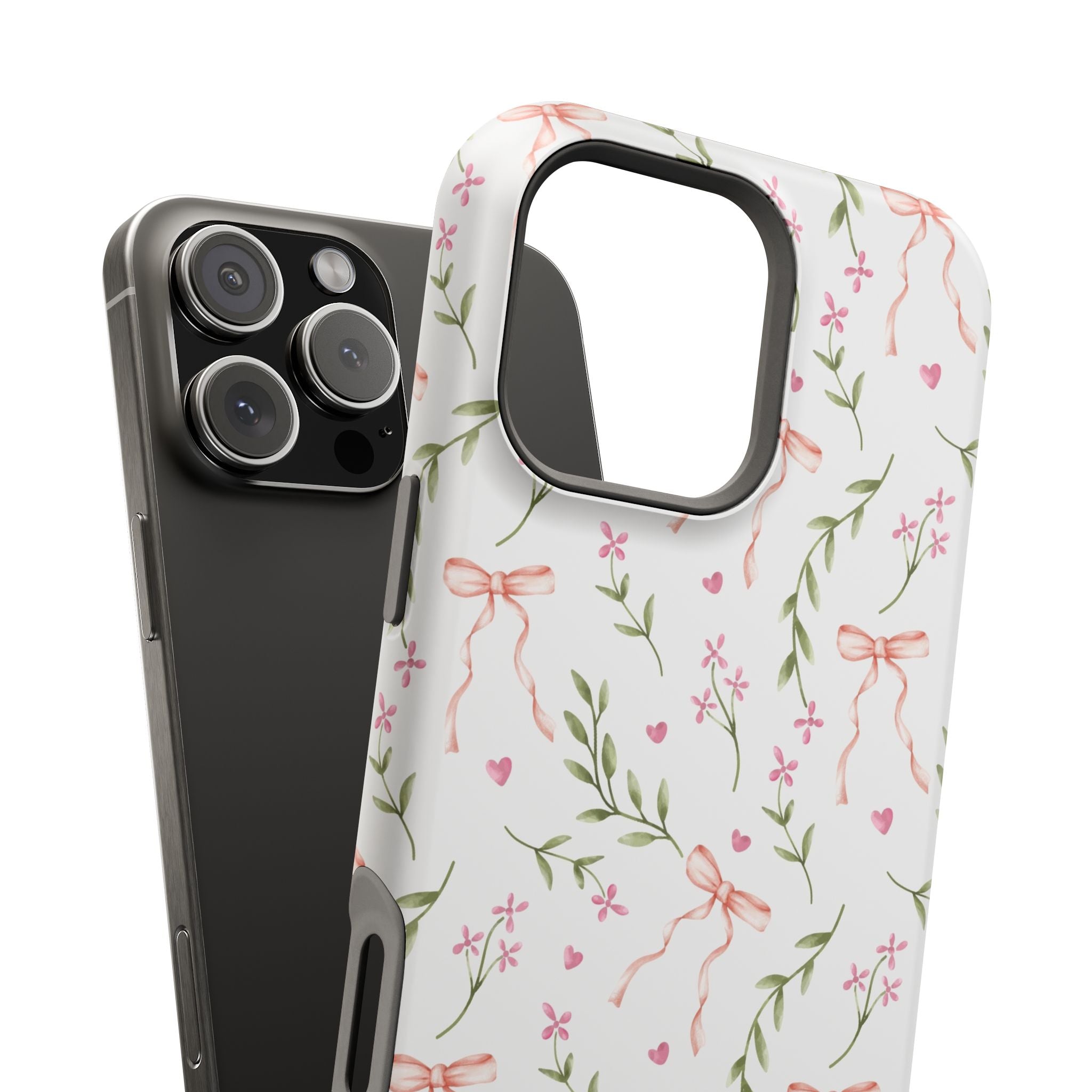 Pink Coquette MagSafe iPhone Case with floral design and bows, cute phone cover for stylish looks by Darling Daydream.