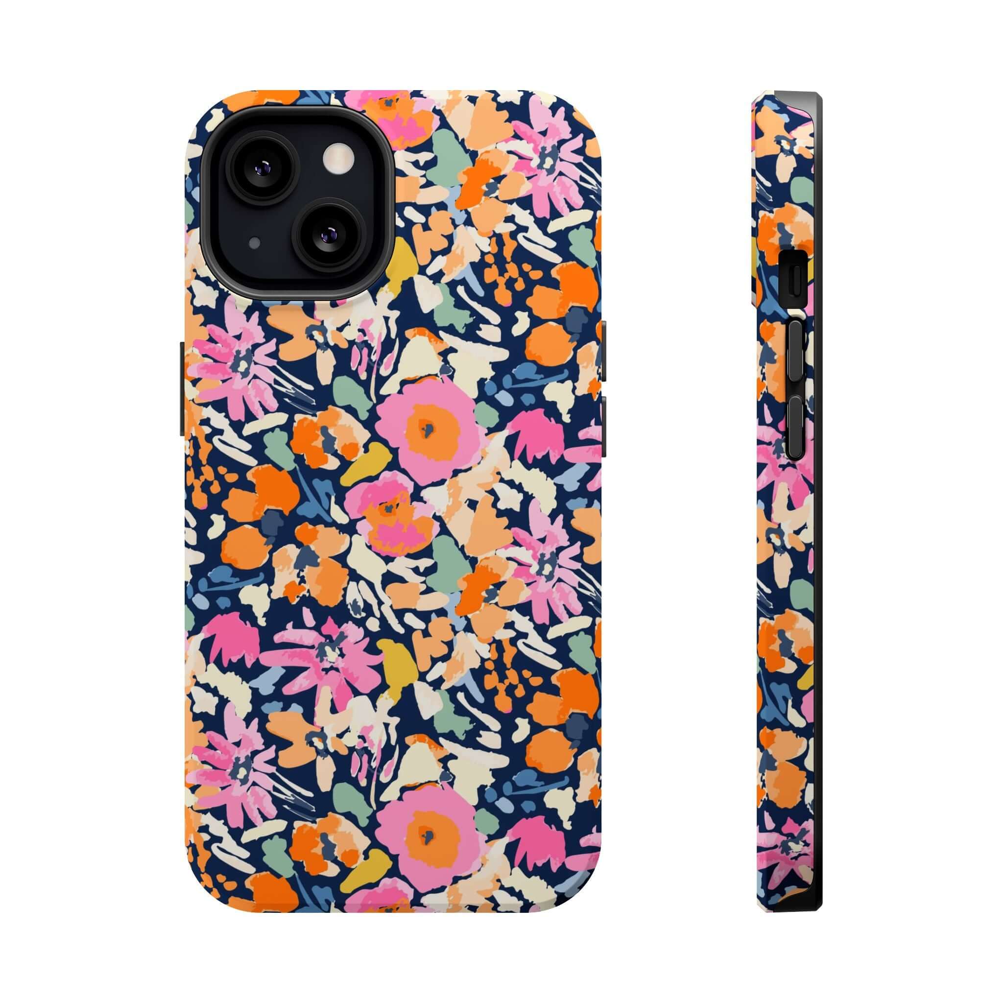 Botanic Burst colorful floral MagSafe iPhone 16 case showing cute protective design with vibrant flowers and full phone coverage.