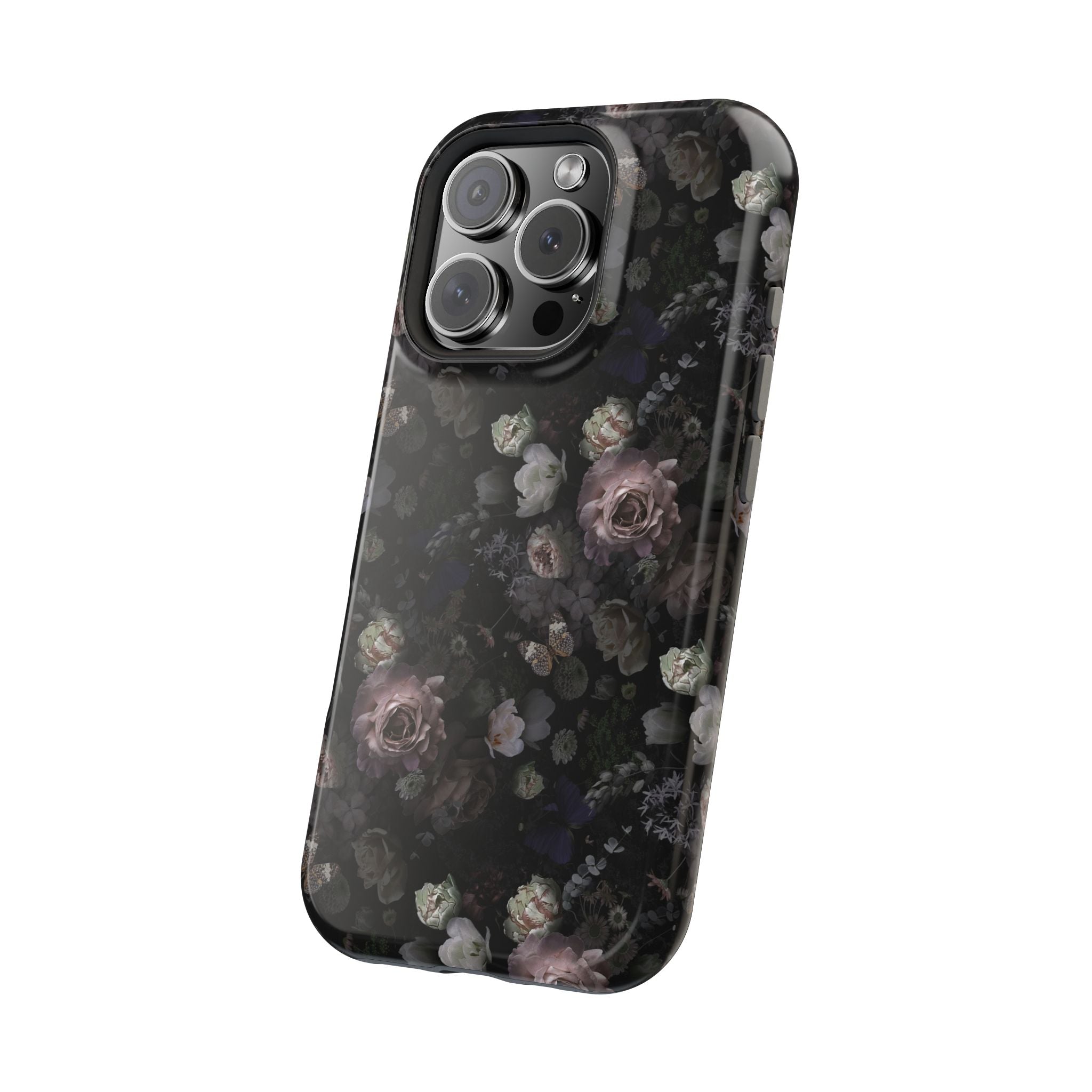 Midnight Curse MagSafe iPhone Case with black roses, a cute floral phone cover to protect your device in style.