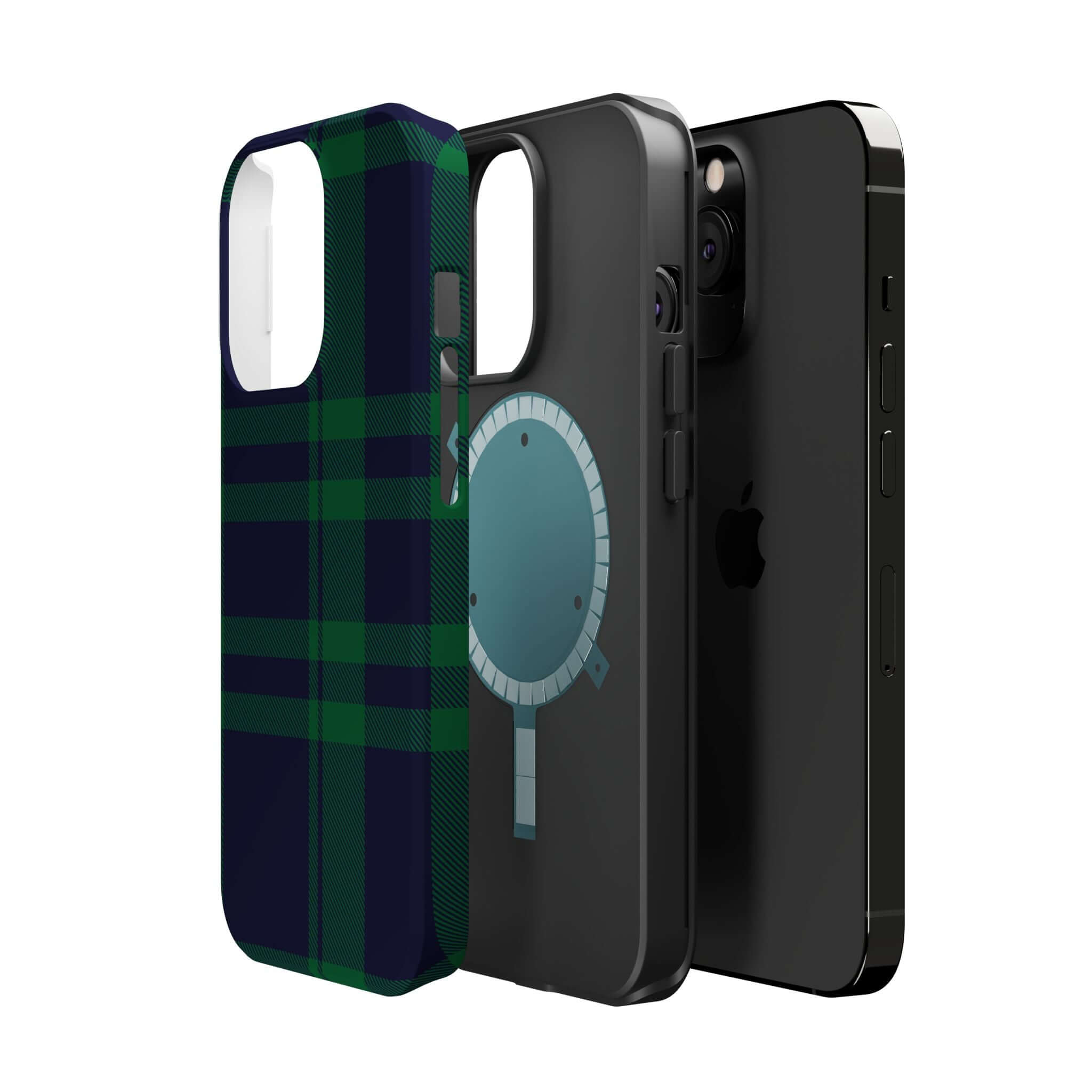 A stylish Mistletoe Plaid MagSafe Case alongside sleek black phone cases, perfect for holiday cheer and protection.