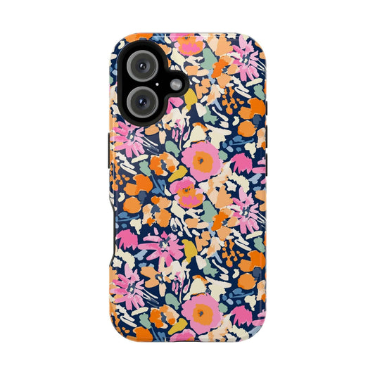 Cute MagSafe iPhone 16 case with colorful floral design, Botanic Burst protective phone case.