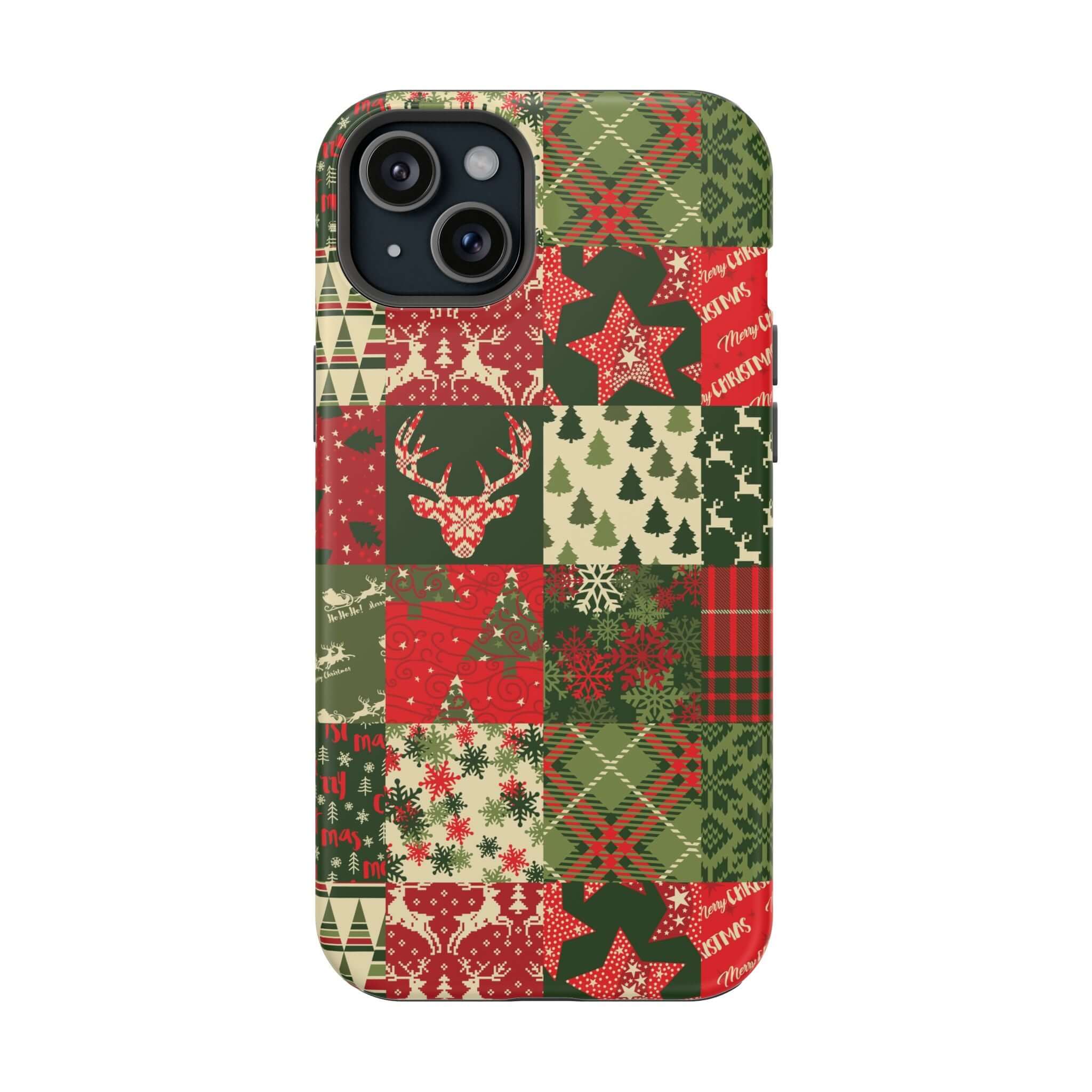 Festive Cozy Quiltmas MagSafe case with Christmas patchwork design, perfect holiday phone cover with secure MagSafe attachment.