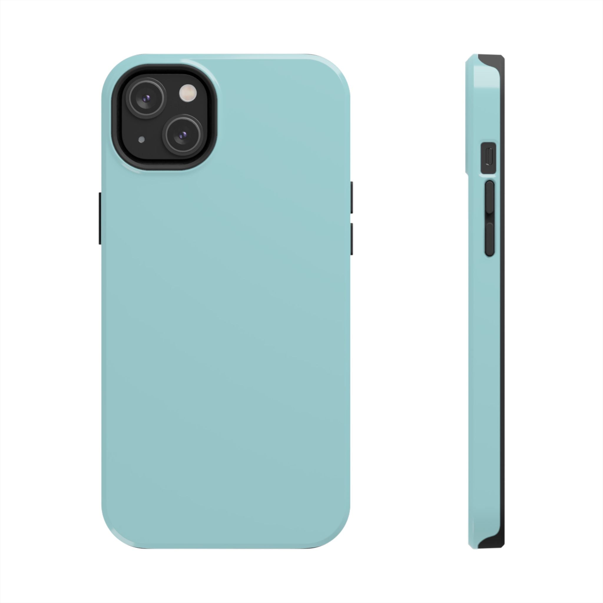 Minty Green solid teal phone case for iPhone 16, showcasing front and side views. Cute phone cover offering stylish protection.