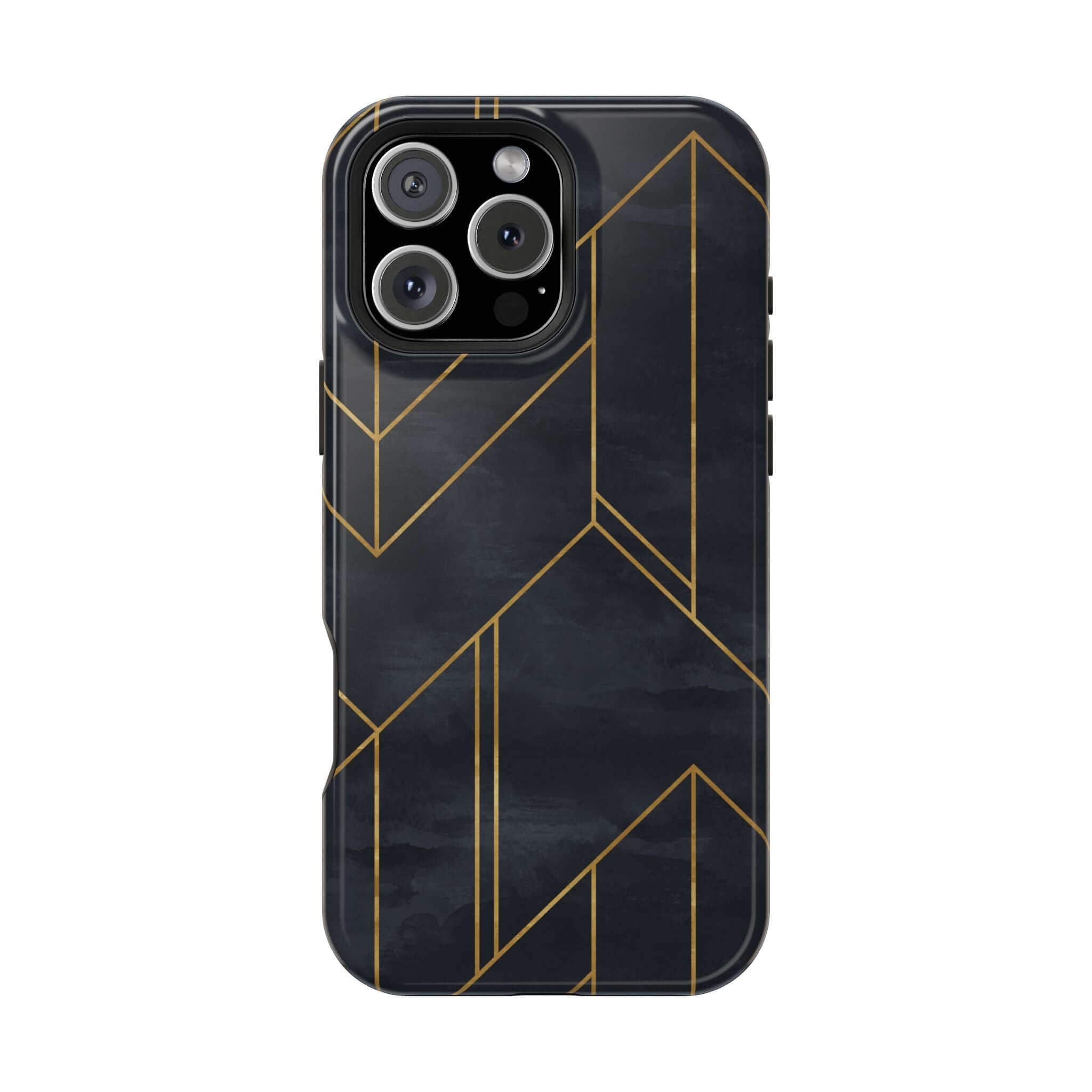 Modern geometric colorful iPhone case with sleek black design and gold abstract lines, adds urban style, and protection. Cute phone case.