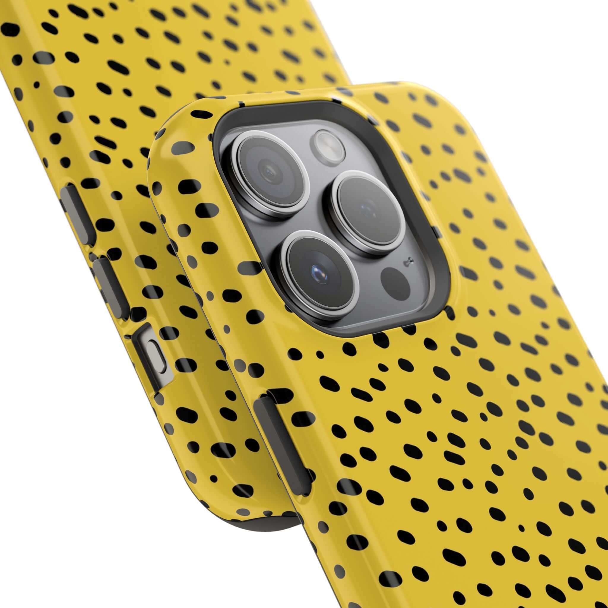 Vibrant yellow cheetah-spot iPhone case by Spot On, showcasing a bold and protective design. Perfect colorful and cute abstract phone accessory.