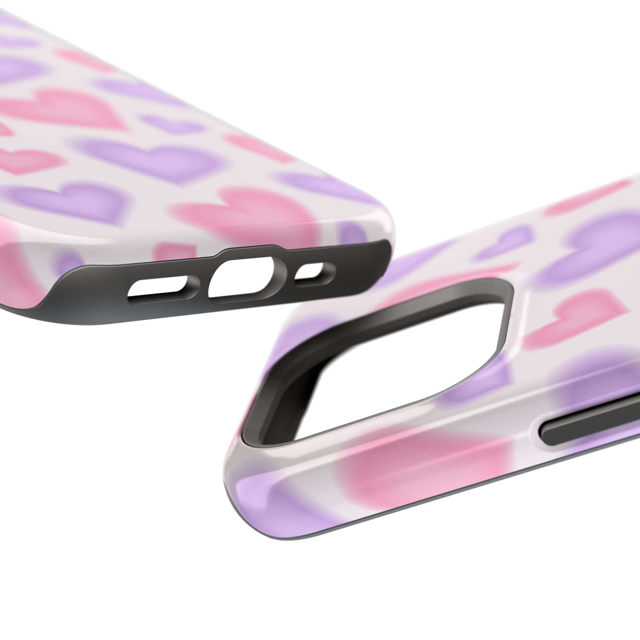 Cute phone cover featuring blurred pink and purple hearts, showcasing MagSafe compatibility for Apple iPhone.