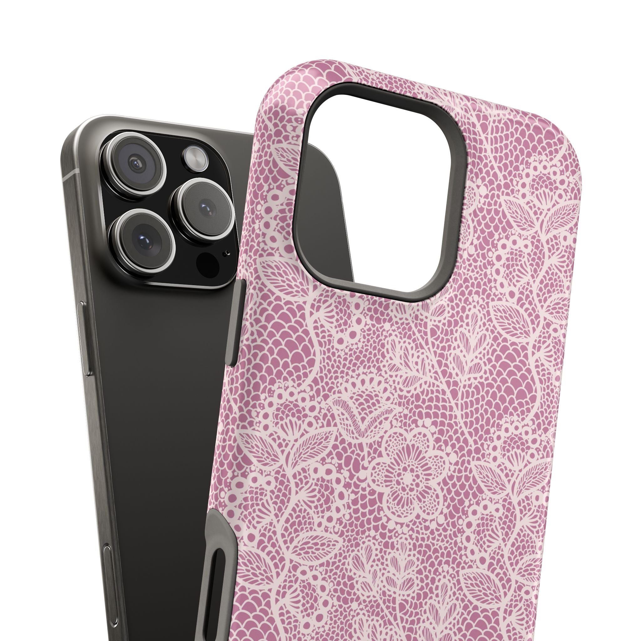 Pink Lace MagSafe iPhone Case with Floral Design, Cute Phone Cover, Offers Country Charm and Protection