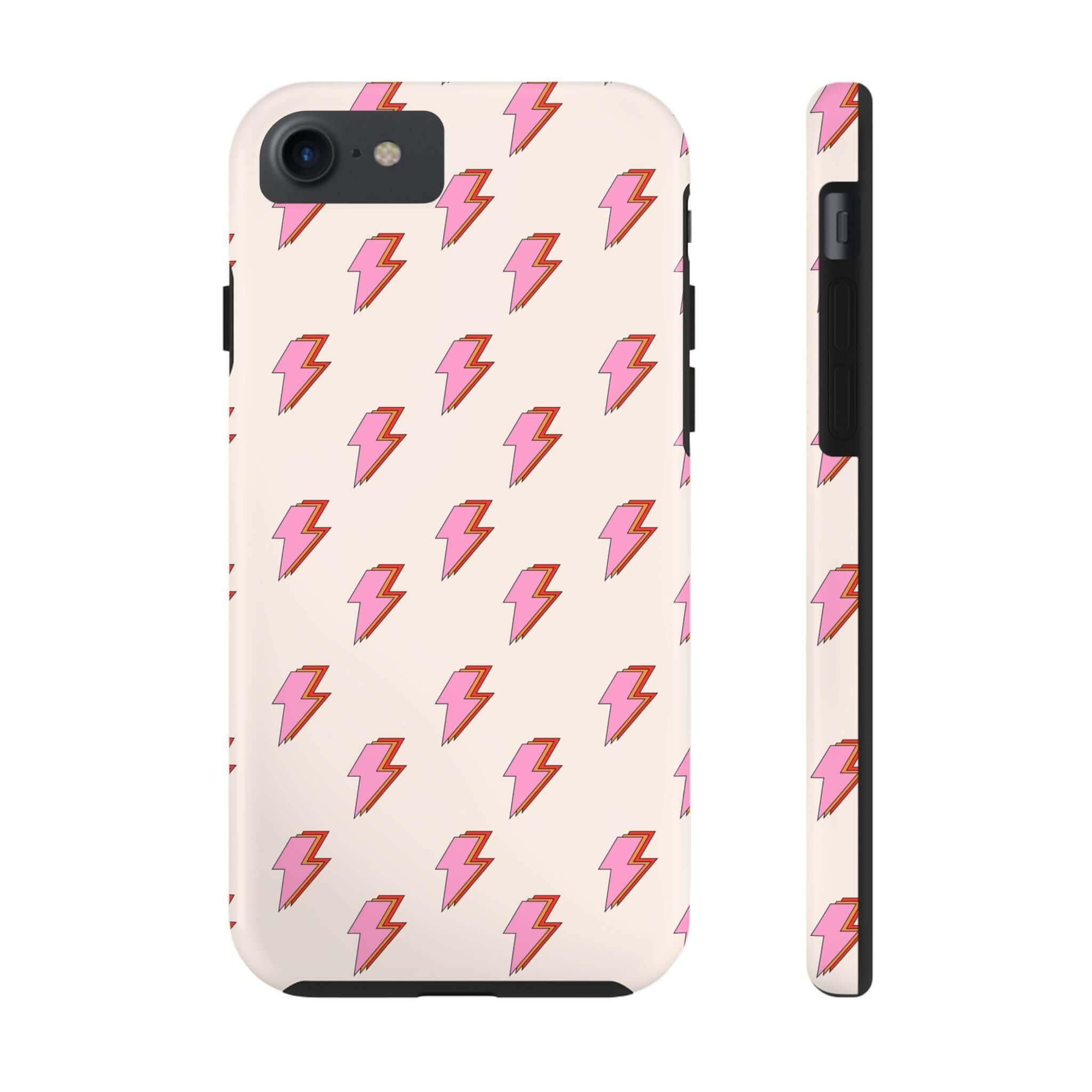 Cute retro iPhone case with pink lightning bolts, perfect for iPhone 14 and iPhone 15. Stylish phone case with personality.