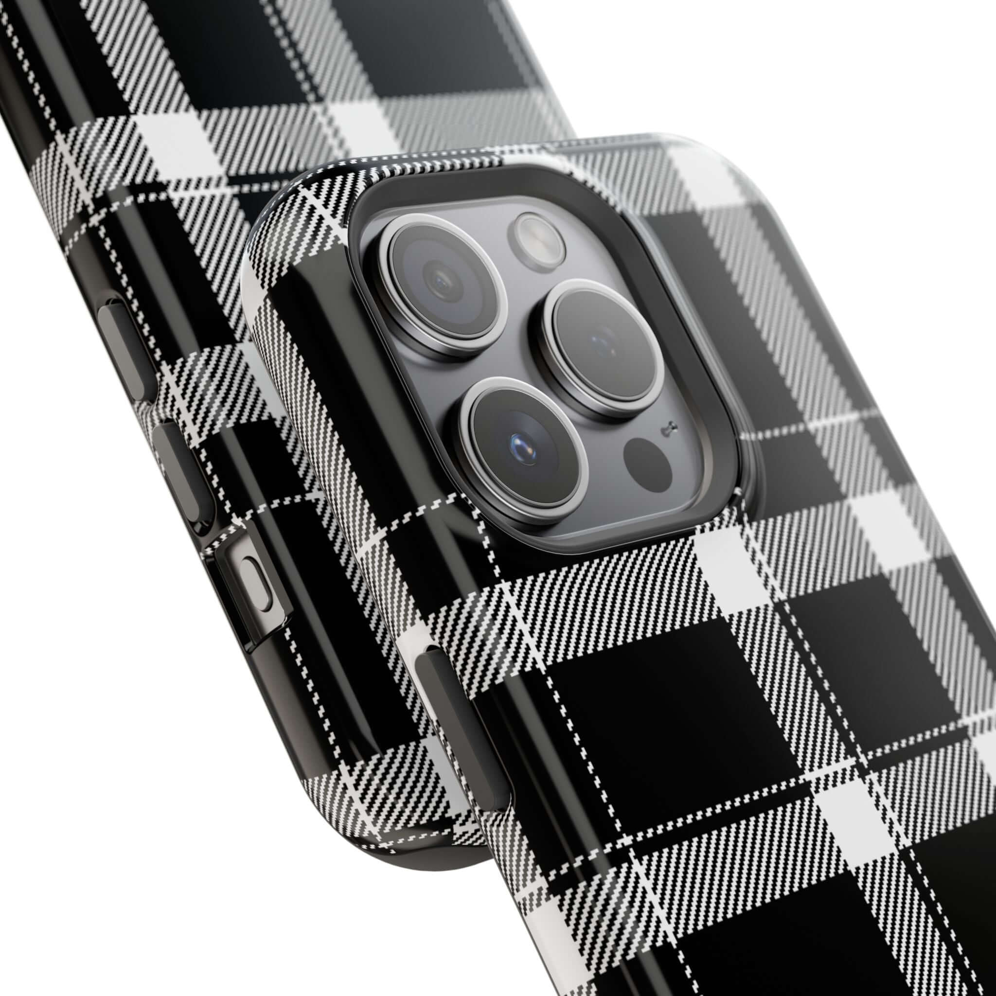 Stylish black plaid phone case for Apple iPhone, perfect cute phone cover for fashion-forward individuals.