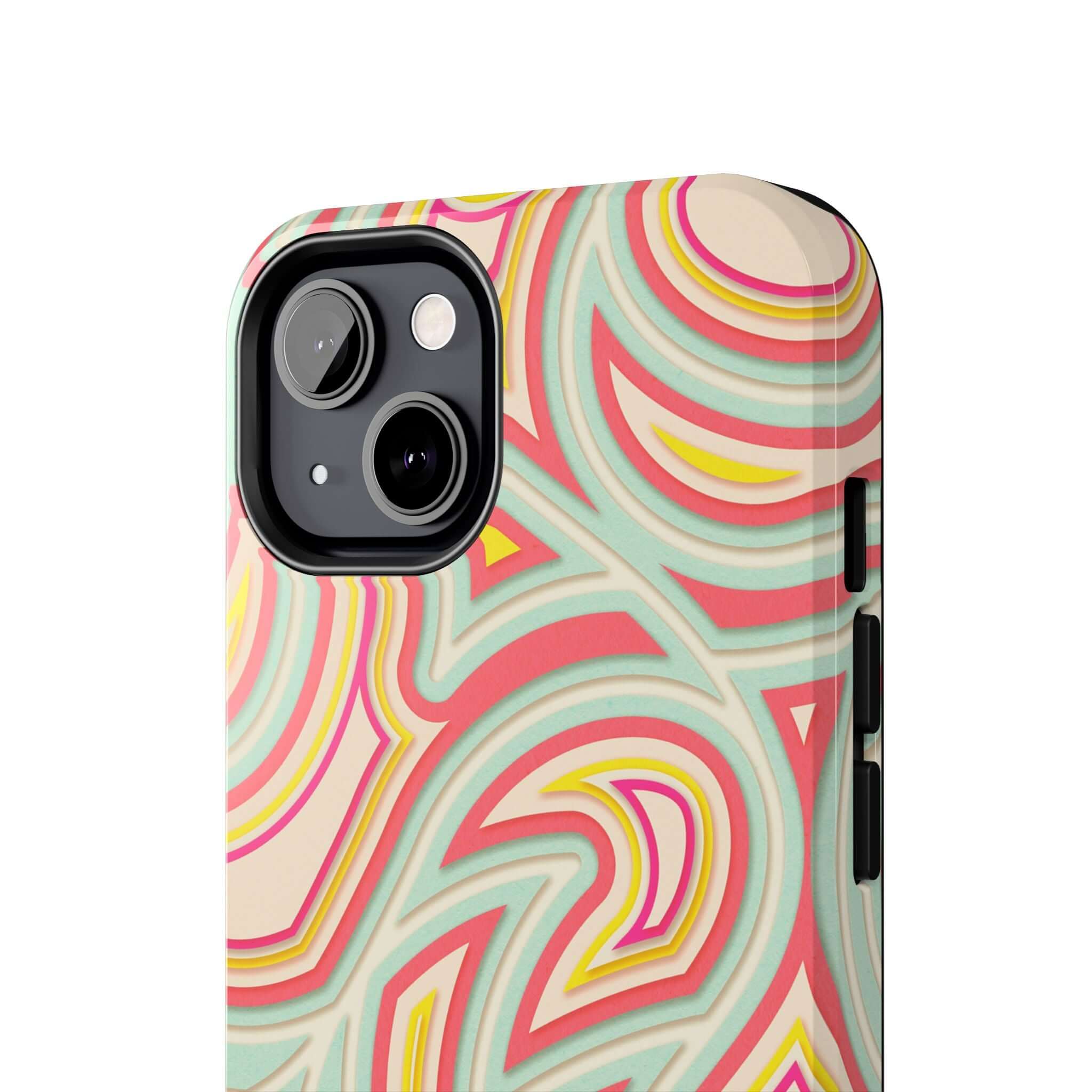 Retro abstract iPhone case with colorful groovy wave pattern and funky design