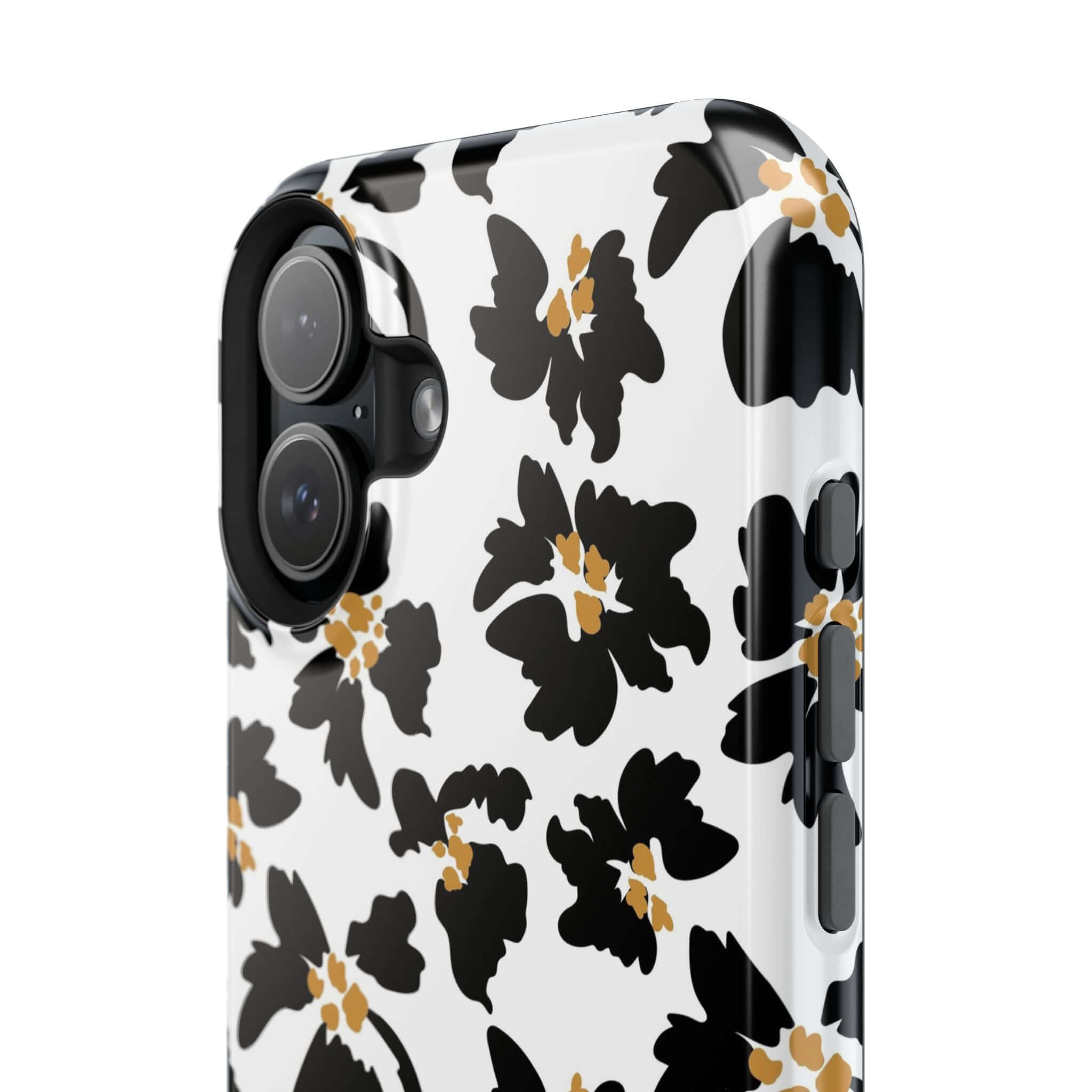 Modern Noir Flora Black Floral Case for iPhone with Animal Print, Cute and Protective MagSafe Compatible Design