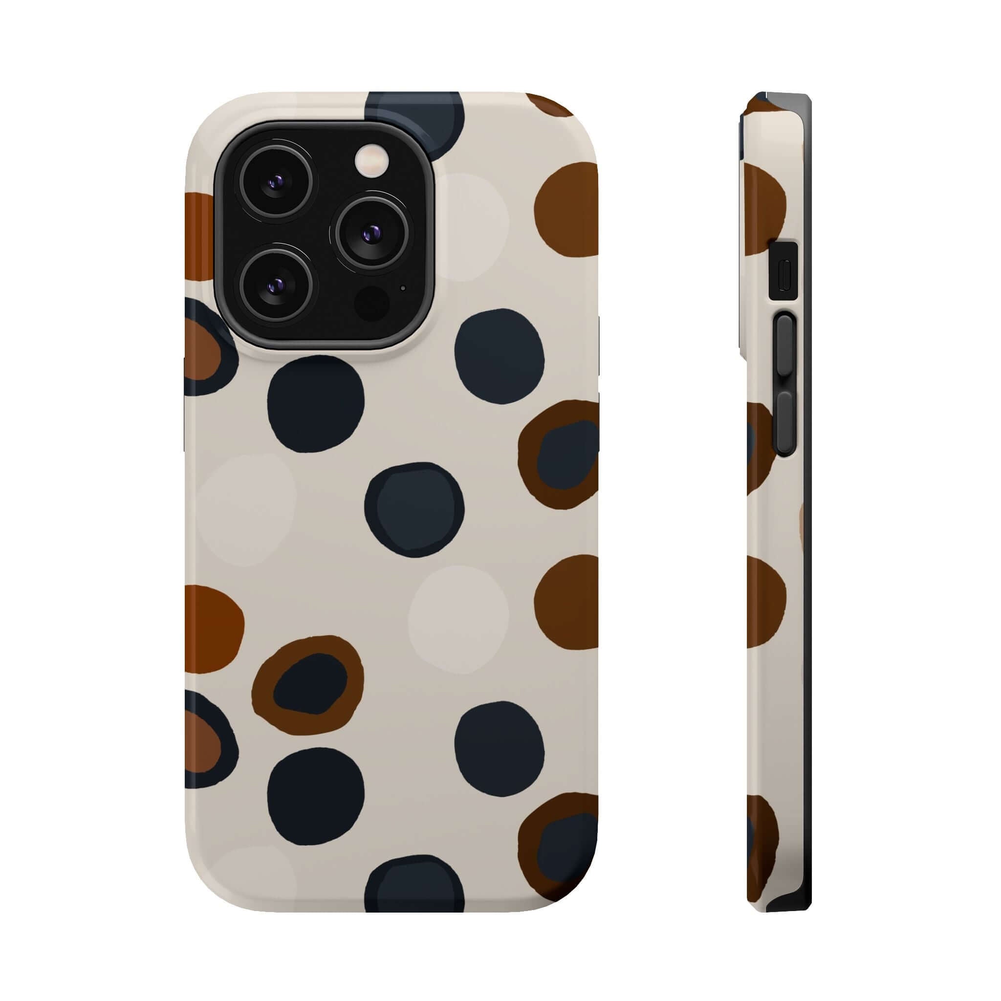 Chic Wanderer Modern Spots Case for iPhone in colorful abstract design, cute brown and dark polka dots, MagSafe-compatible.