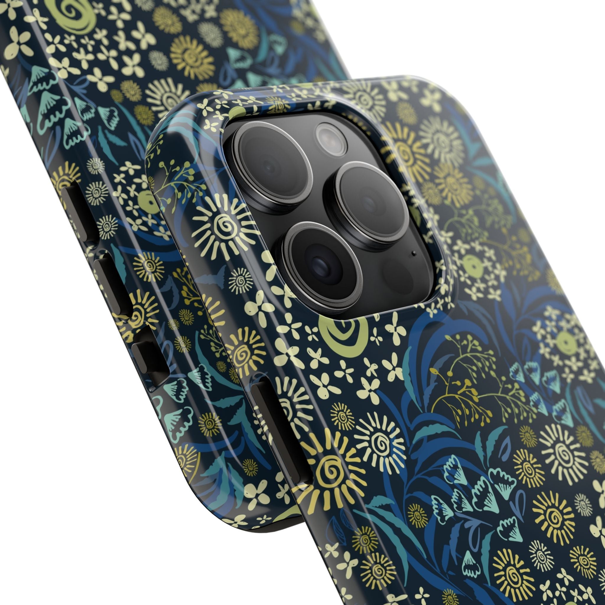 Close-up of a floral blue iPhone case with cute botanical design, showcasing the detailed pattern and camera cutouts.