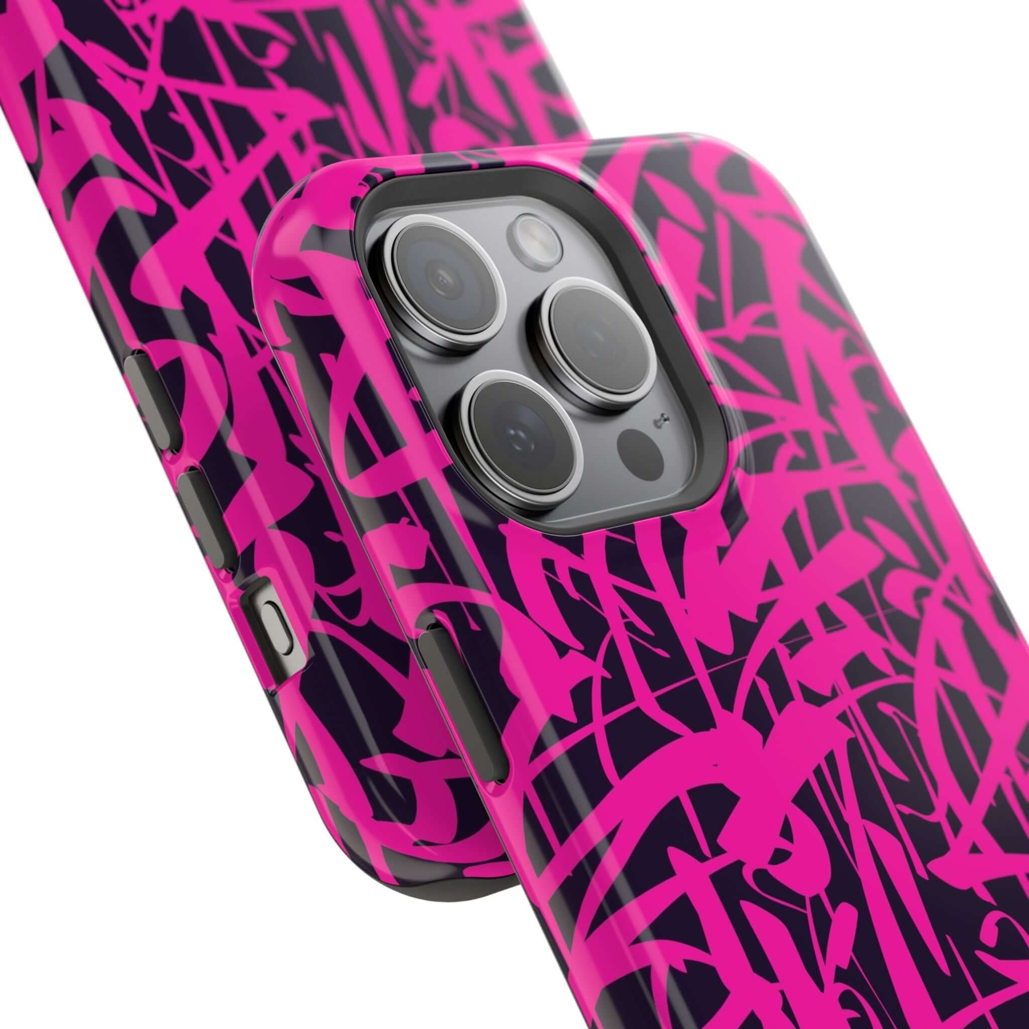 Close-up of the Midnight Pop Pink Art Case for iPhone, featuring vibrant pink artwork on a stylish phone cover.