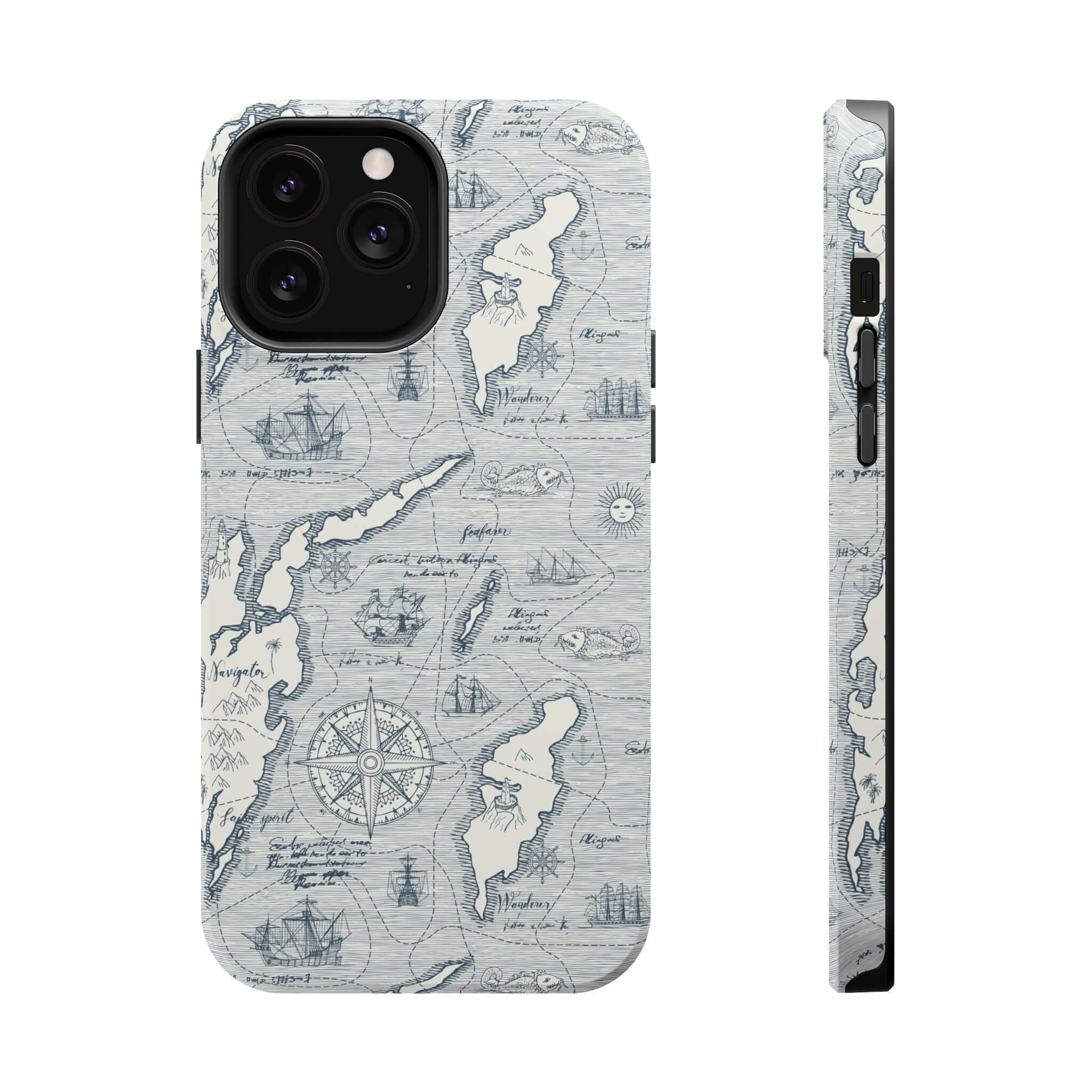 iPhone 14 Pro Max Pirates Passageway phone case with nautical map design and MagSafe technology, teal case for stylish protection.