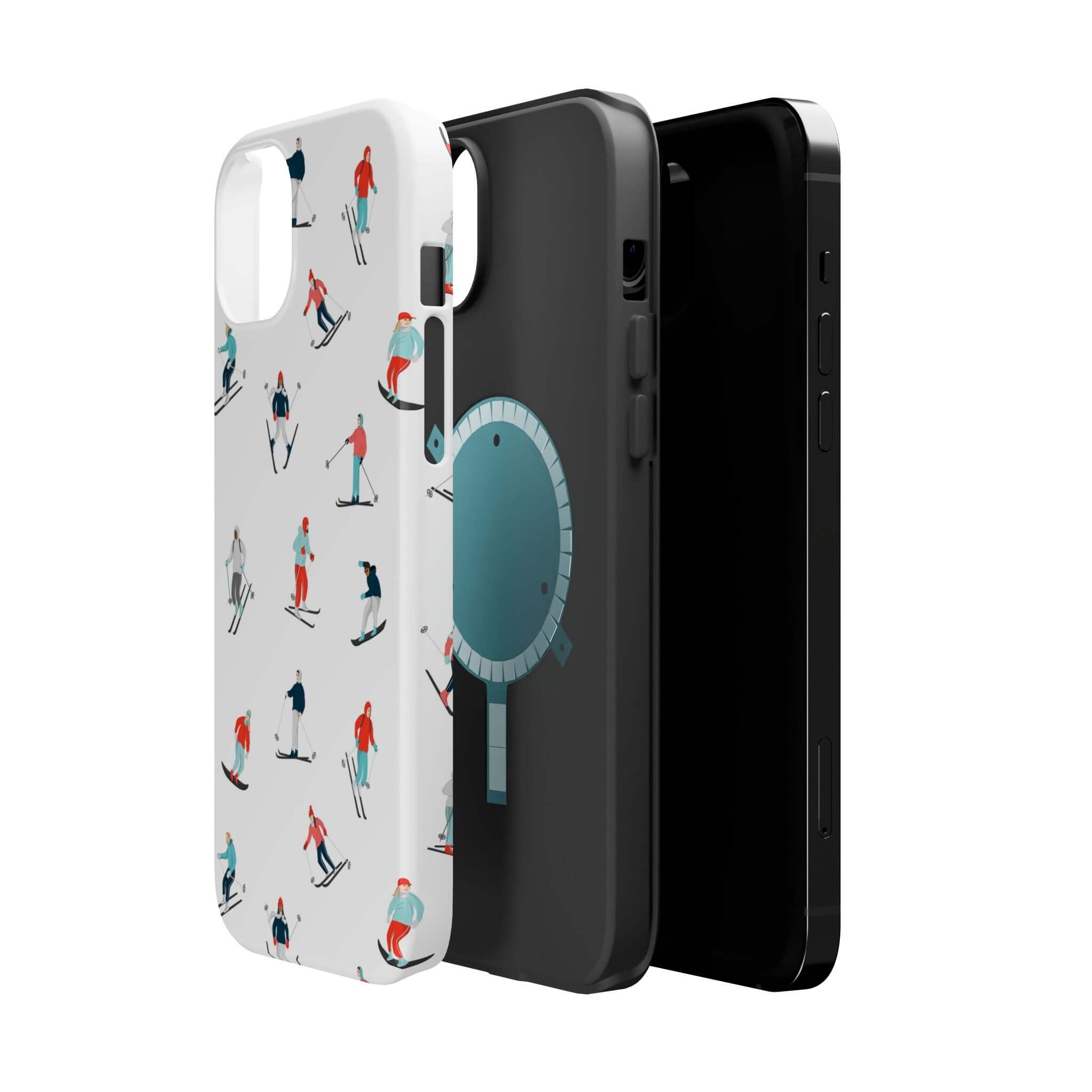 Cute phone cover featuring skiing patterns, perfect for winter sports lovers and MagSafe compatible for iPhone cases.