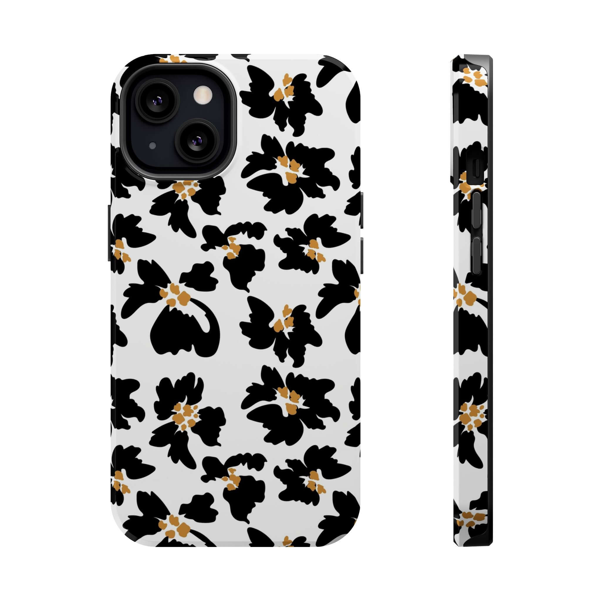 Modern black floral iPhone case with a cute pattern, featuring pretty flowers; protective and stylish MagSafe-compatible phone accessory.