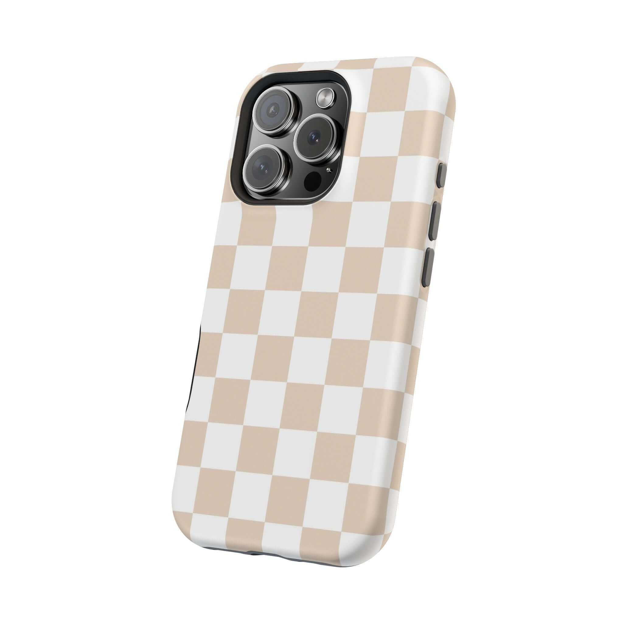 Cute MagSafe iPhone 16 case with creamy beige checkered print, cute protective phone case for on-trend style and protection.