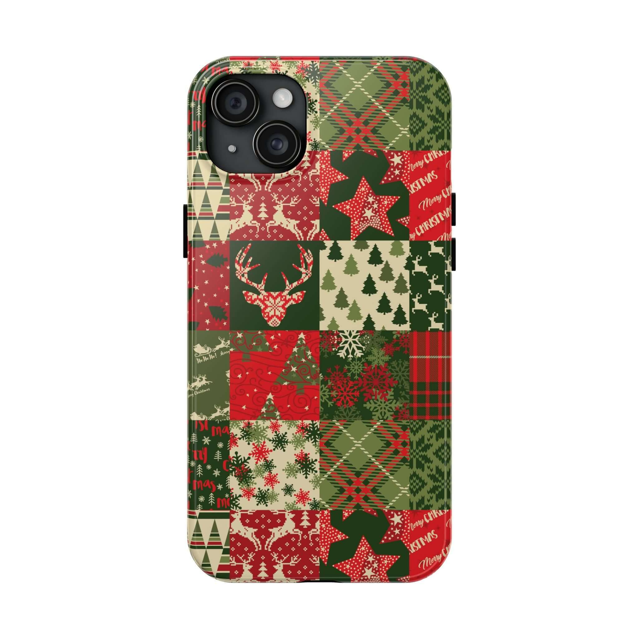 Festive green Christmas phone case with trees, stars, and reindeer patterns; cute and cozy design perfect for holiday gifting.