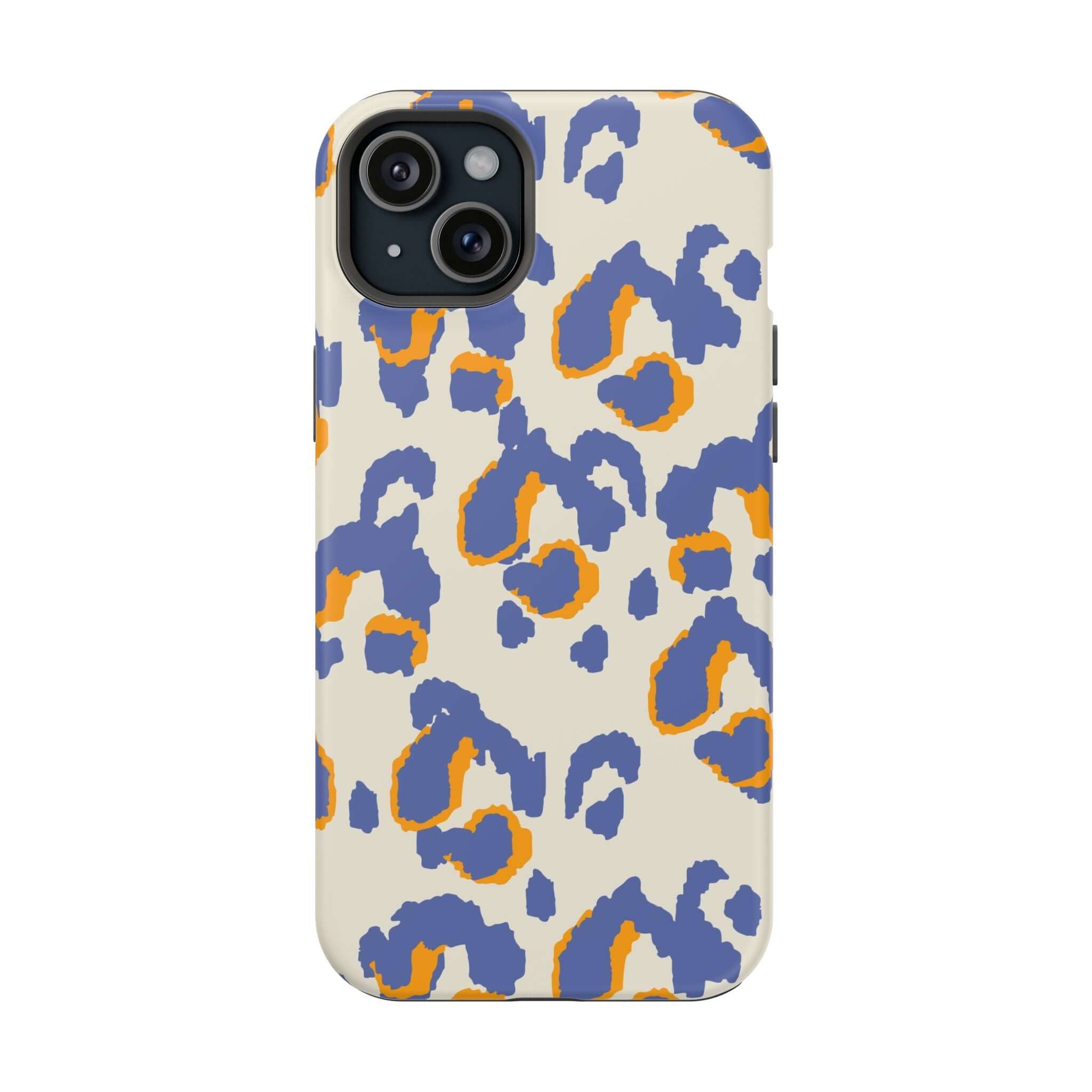 Colorful iPhone case with blue leopard print design, Safari Blaze MagSafe compatible, cute and abstract phone protection.