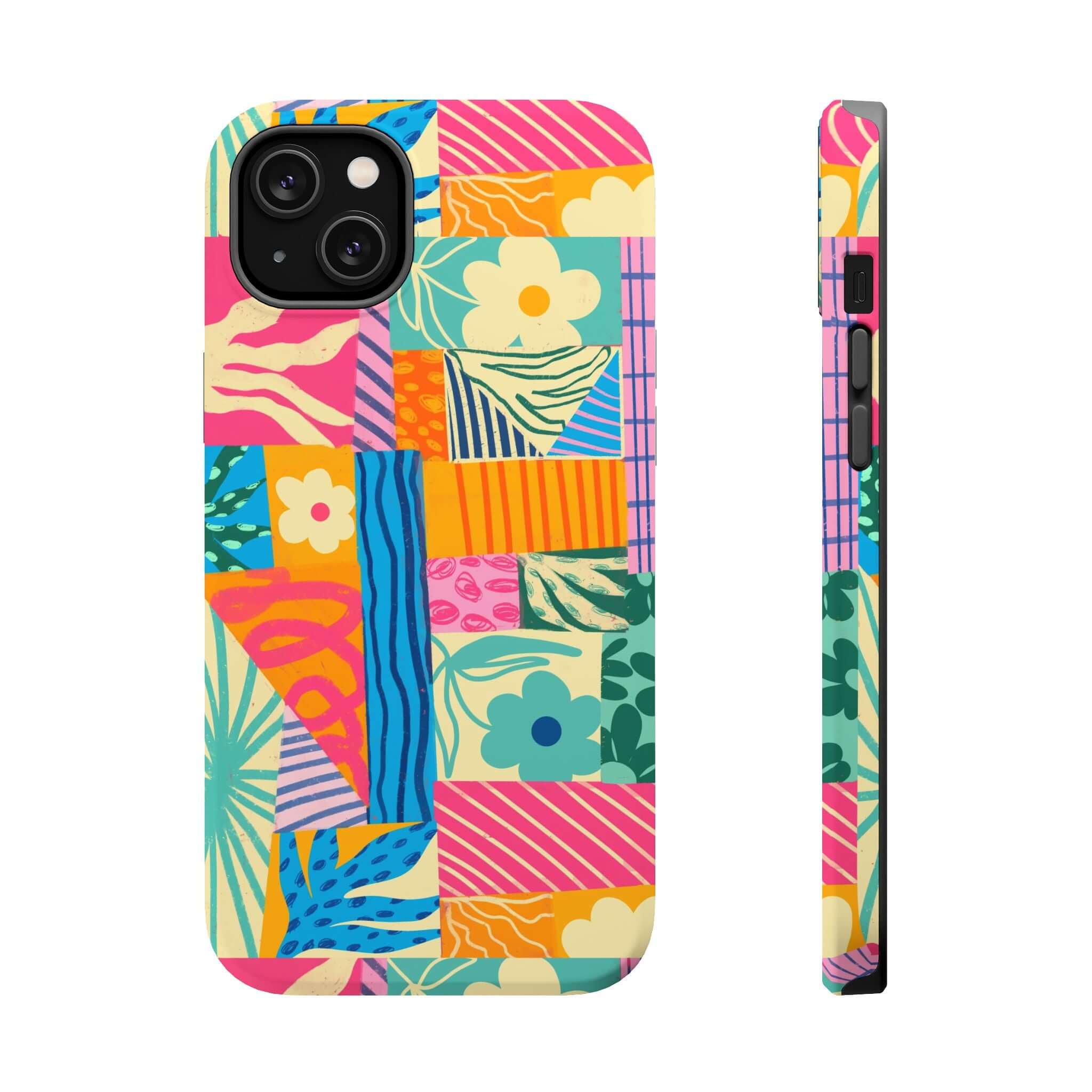 Bright patchwork phone case for iPhone 16 with colorful tropical design, perfect cute accessory for beach lovers.